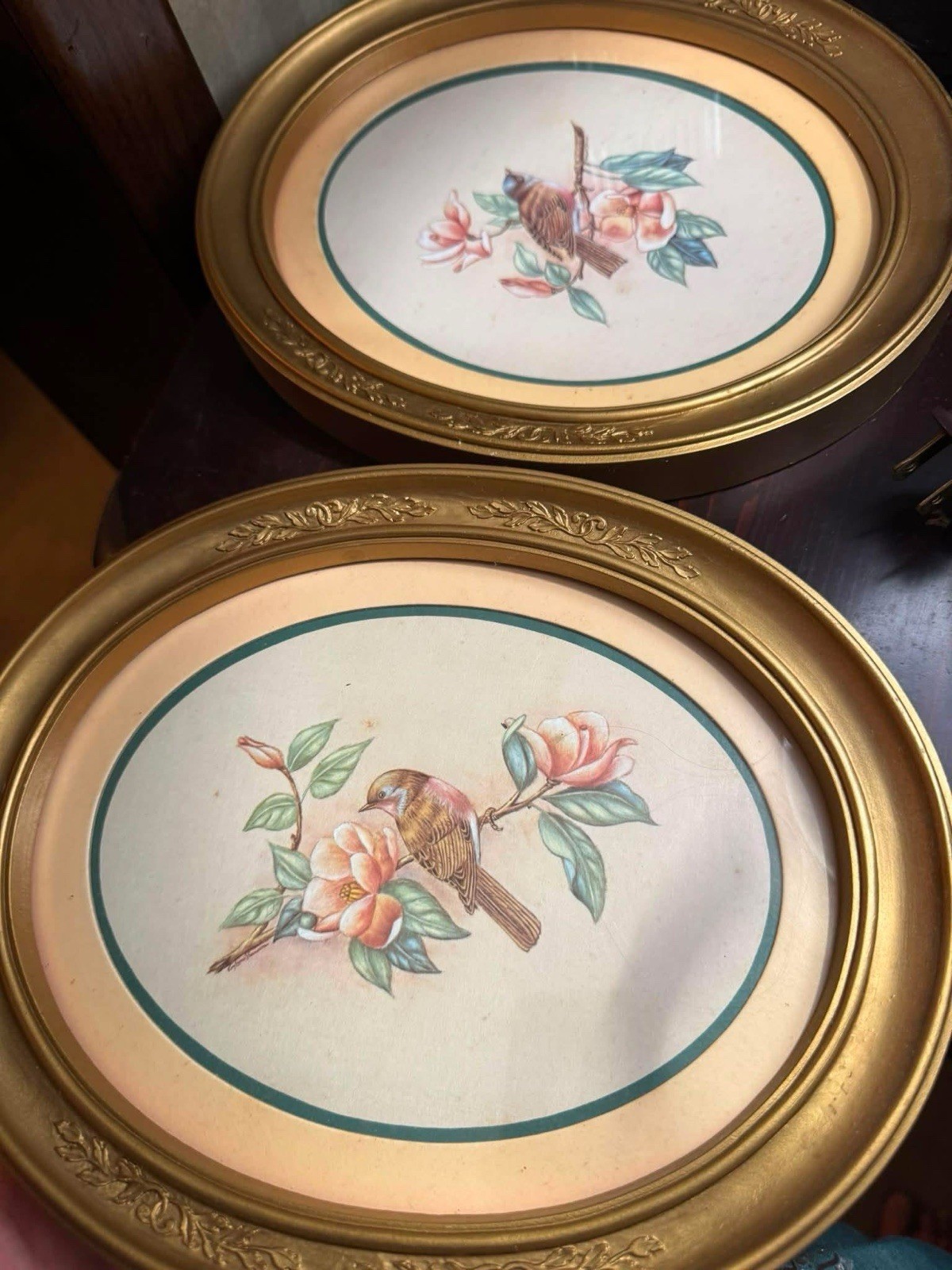 Set of two vintage Home Interiors and Gifts oval bird and flowers