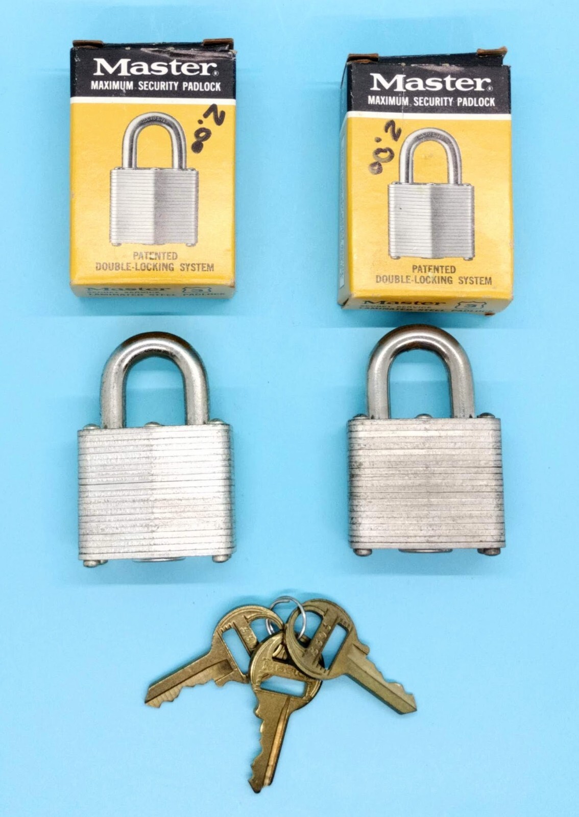 Lot of 2 Vintage Master Secret Service Padlock No 3 in Box - Keyed Alike