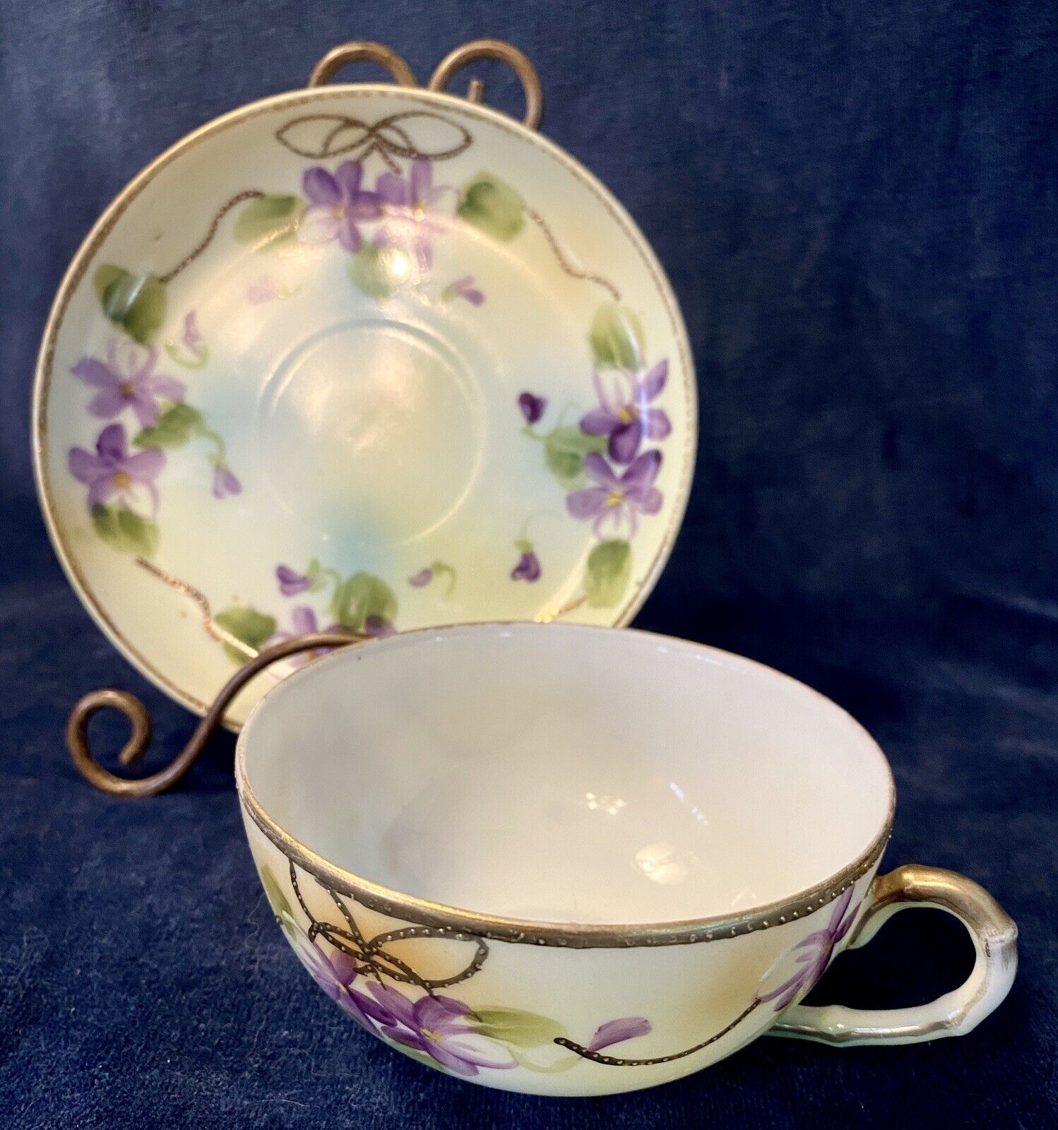 Nippon Hand Painted Teacup & Saucer Eggshell Bone China Floral Violets Antique