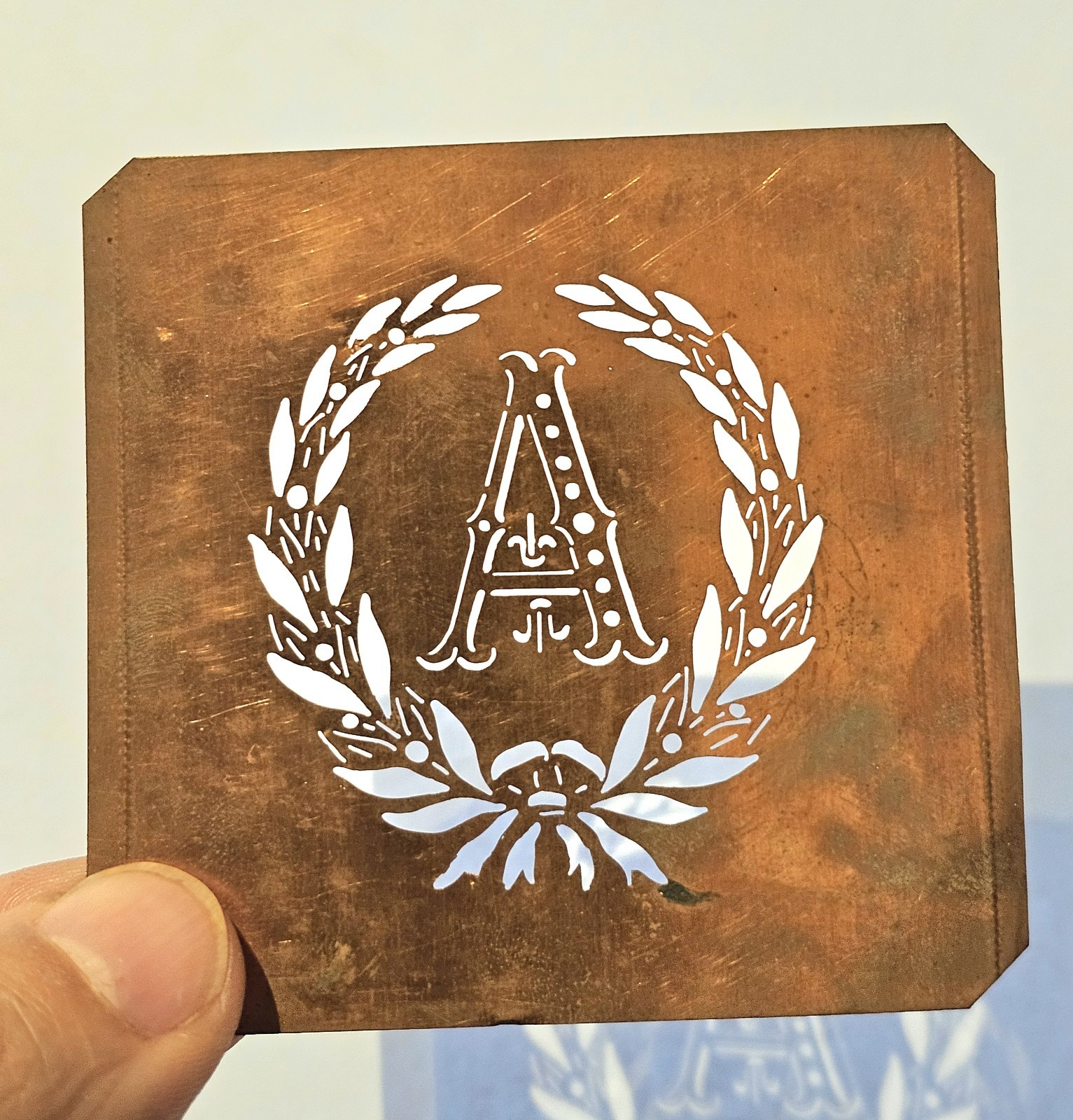 Antique Copper Monogram Stencil Letter A – Ornate Alphabet Plate c.1880–1920 A4
