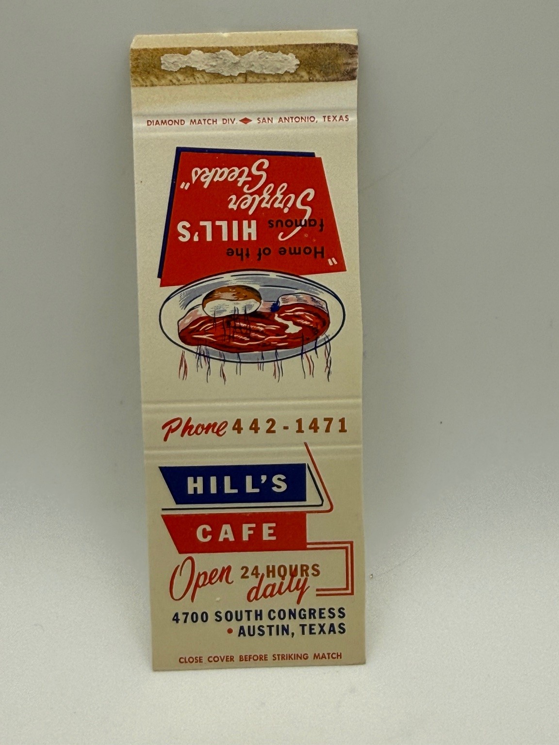 Vintage HILL\'S CAFE Austin TX Matchbook Cover Sizzler Steaks Restaurant Ad Vintage HILL\'S CAFE Austin TX Matchbook Cover Sizzler Steaks Restaurant Ad