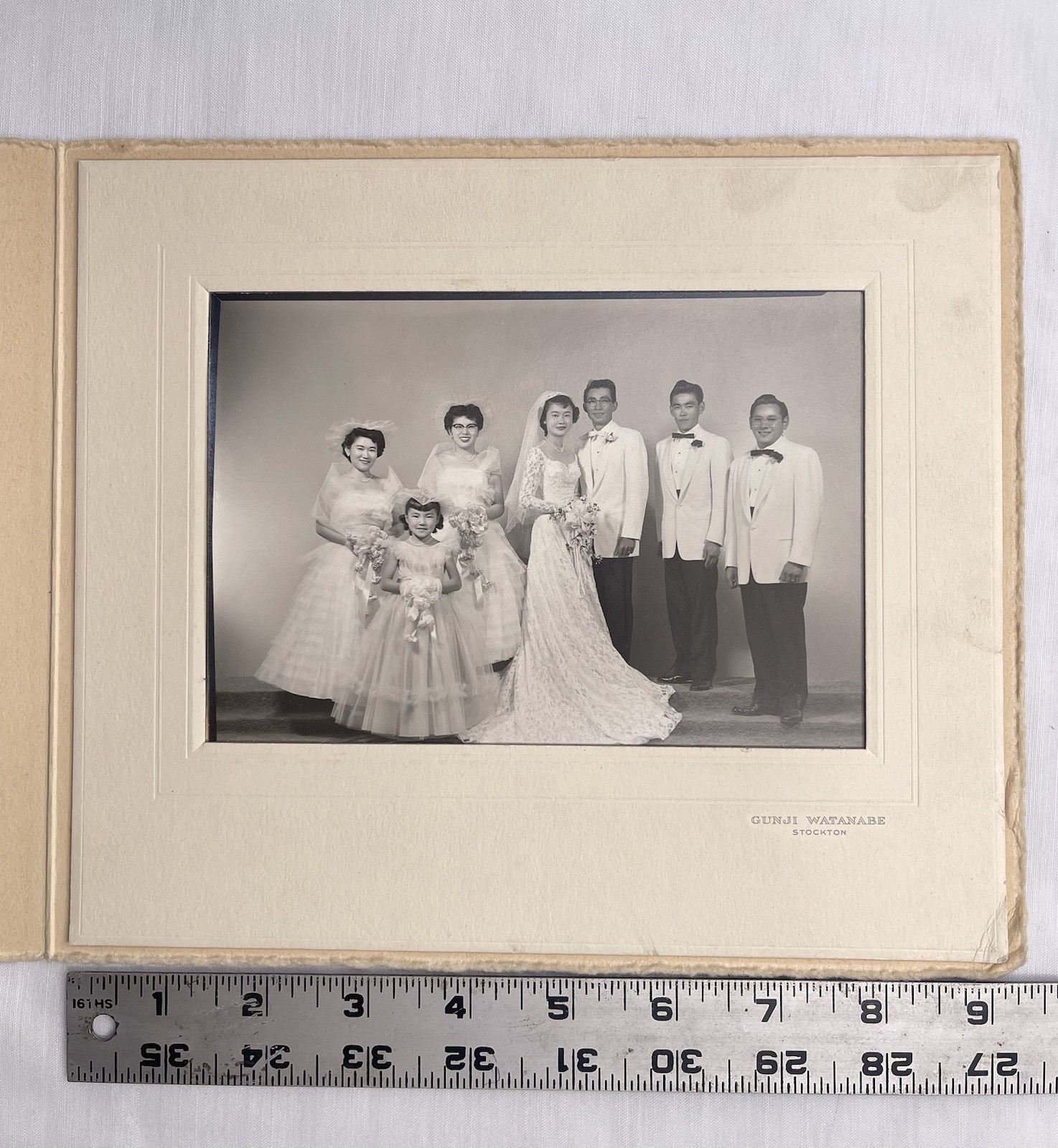 Vintage c1950’s Wedding Party Portrait Gown Long Train Photo Asian California