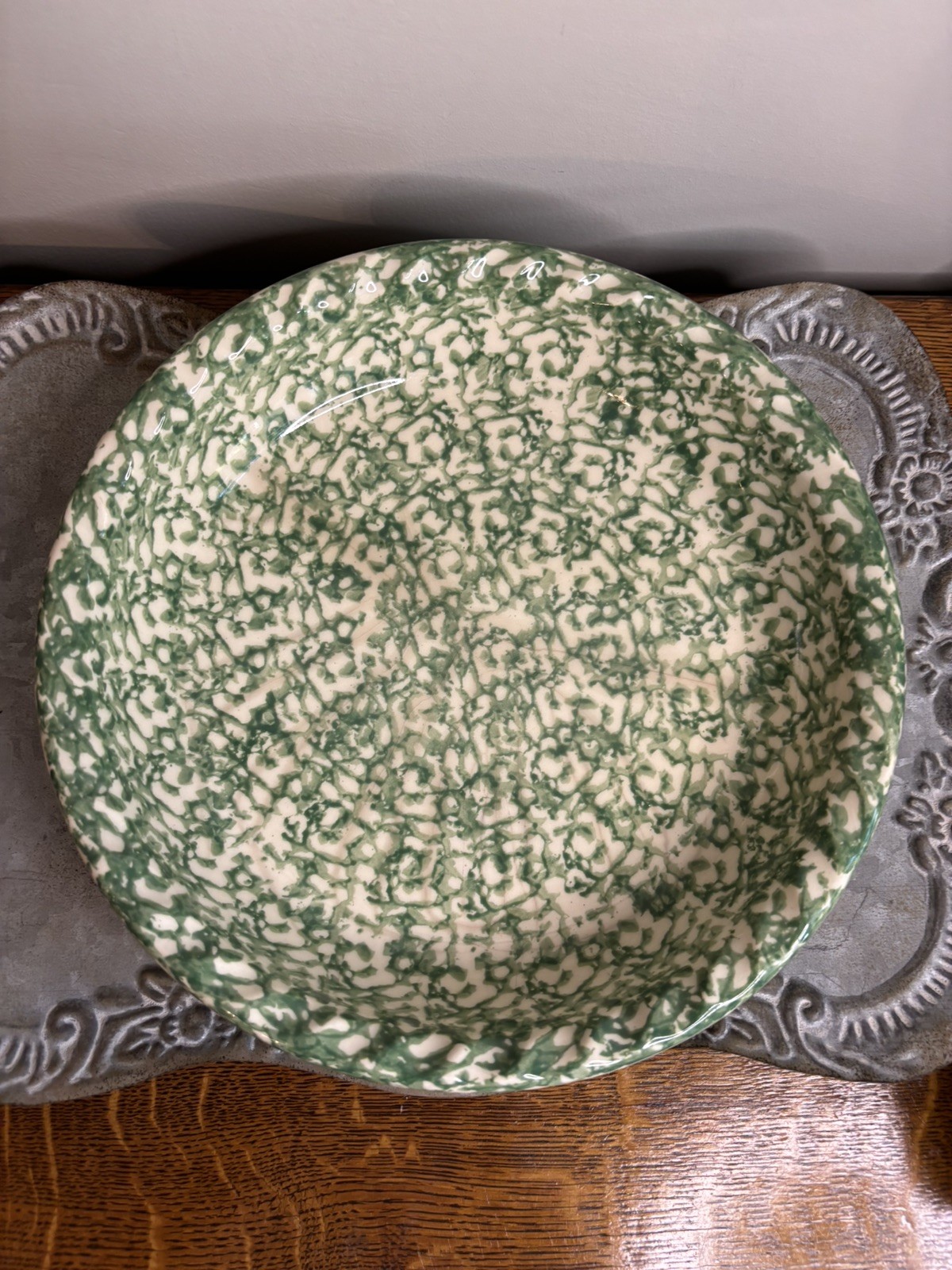 Vintage Gerald E. Henn Roseville Spongeware Pottery Pie Plate 10in Green