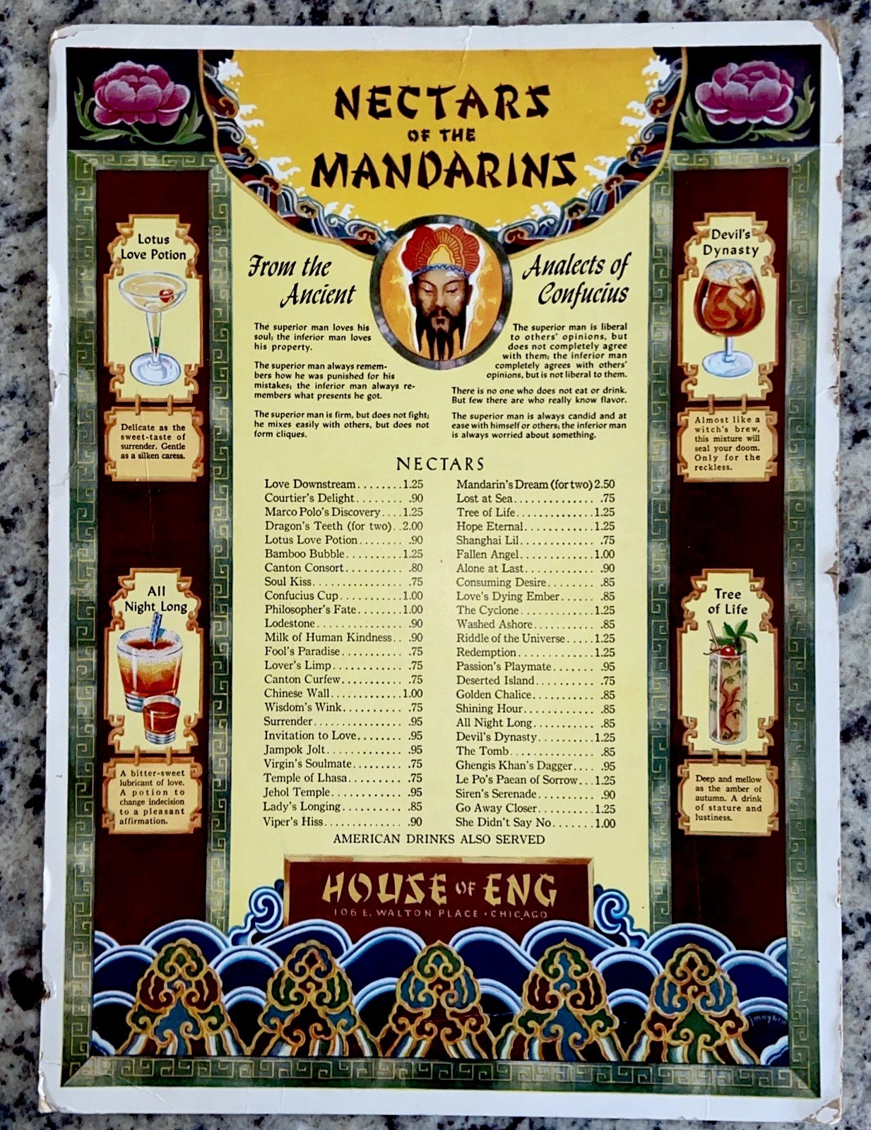 Vintage 1940s House Of Eng Nectars Of  The Mandarin Tiki Bar Drink Menu Chicago