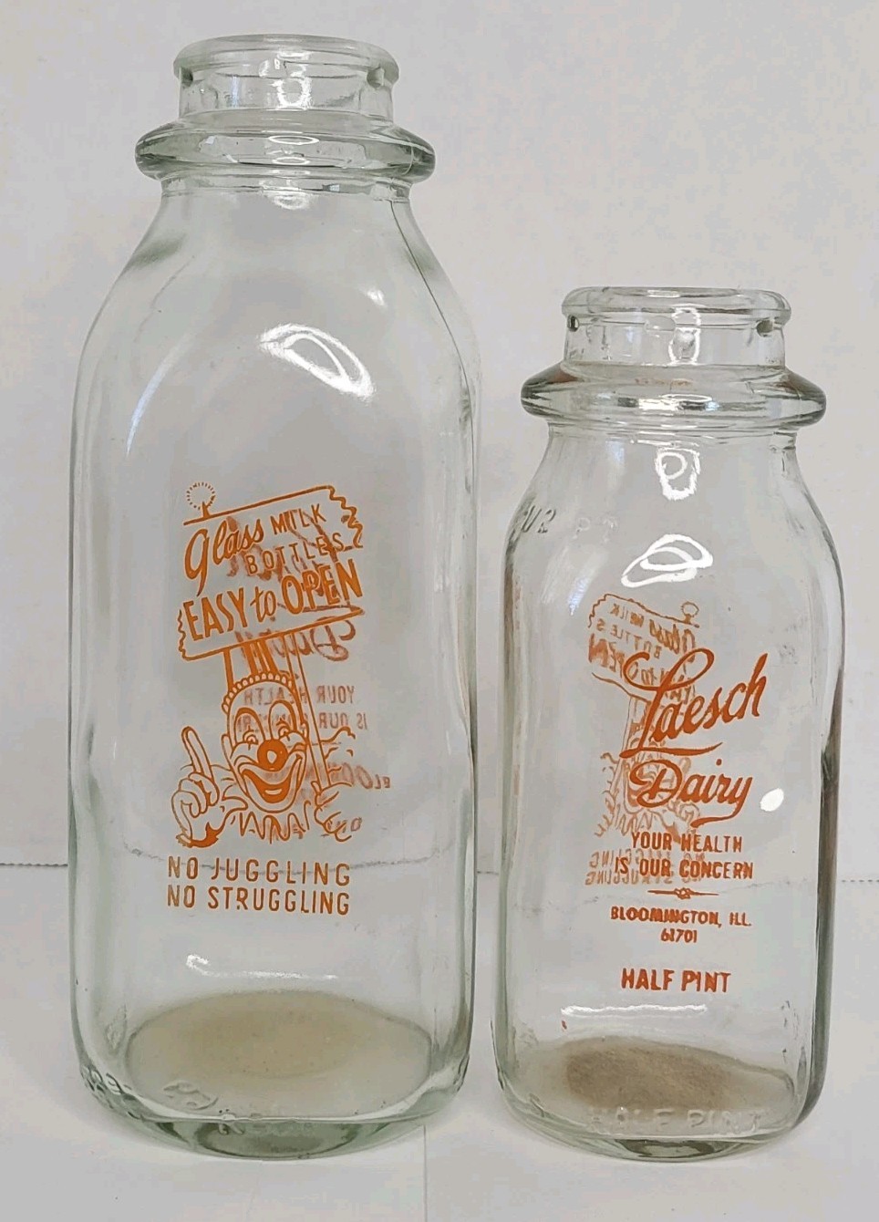 Vintage Laesch Dairy Glass Milk Bottles Pint & Half Pint Clown Bloomington, IL