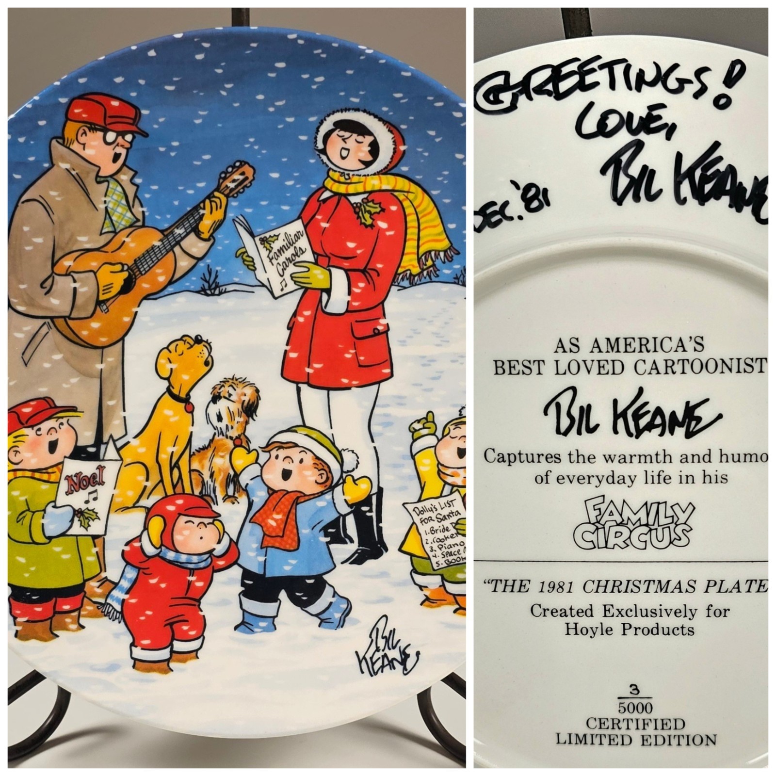 RARE #3/5000 Hand Signed Bil Keane Family Circus 1981 Christmas Plate Vintage