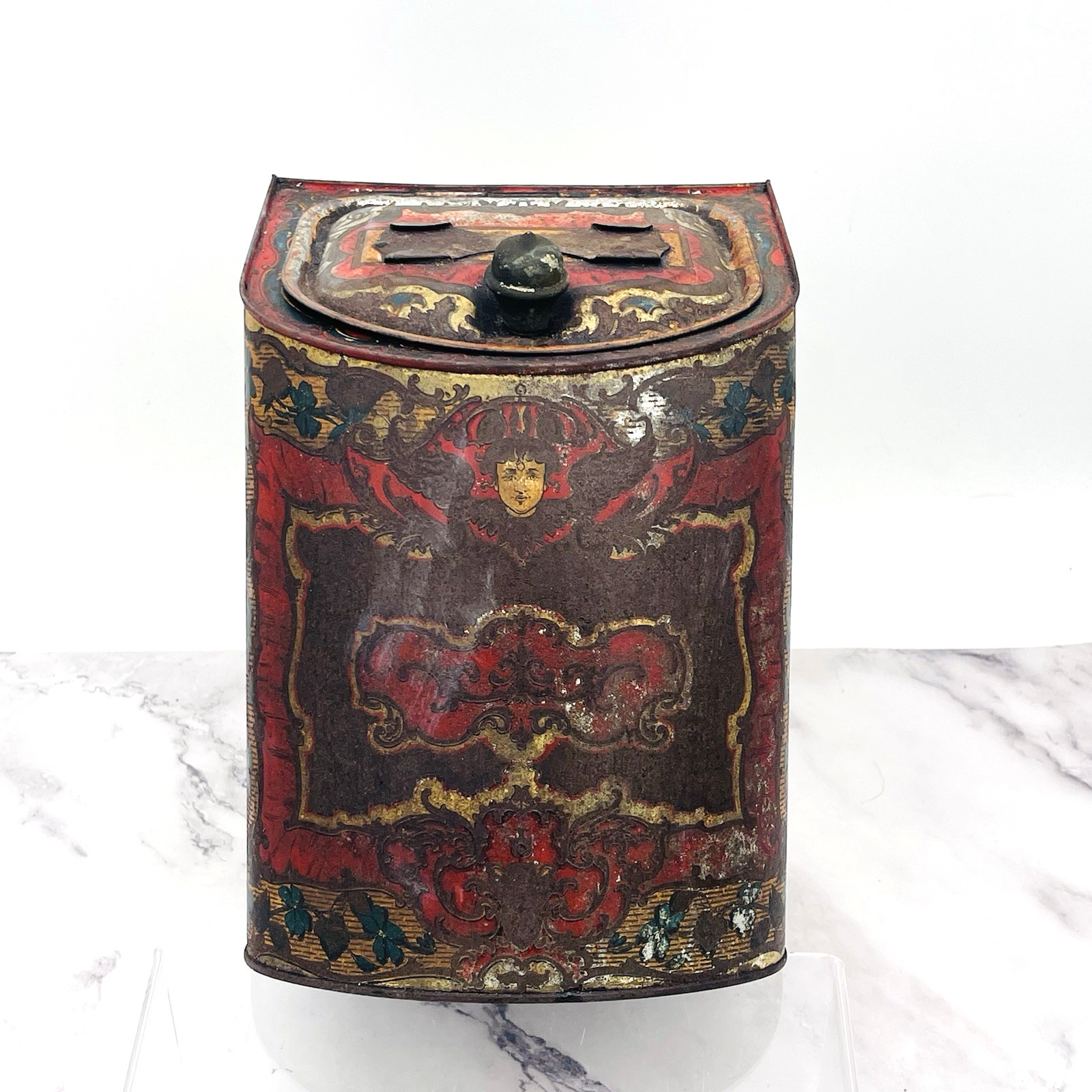 Atq Tin Storage Box Coffee Tea Caddy Dry Goods General Store Lid Red Gold 10\