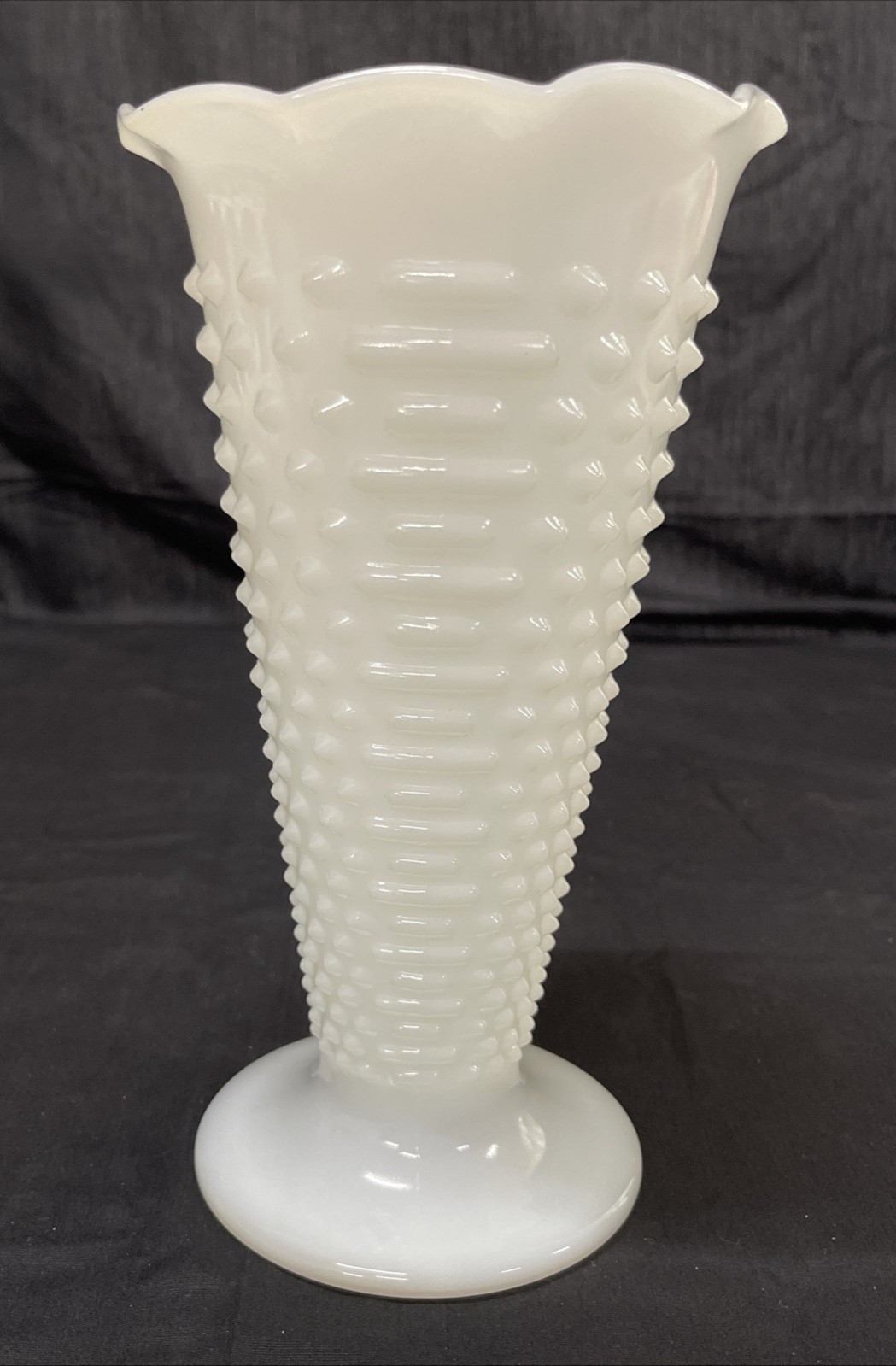 Vintage 9.25” White Milk Glass Hobnail Dot Dash Vase