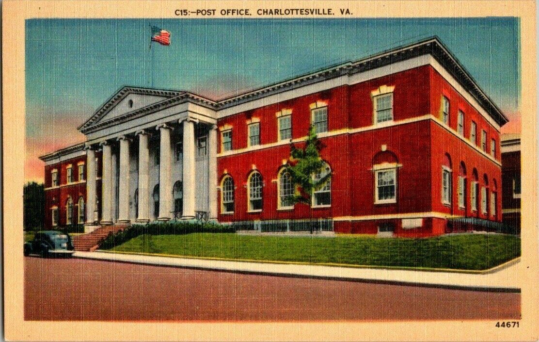 1940'S LINEN. POST OFFICE. CHARLOTTESVILLE, VA.  POSTCARD TM16