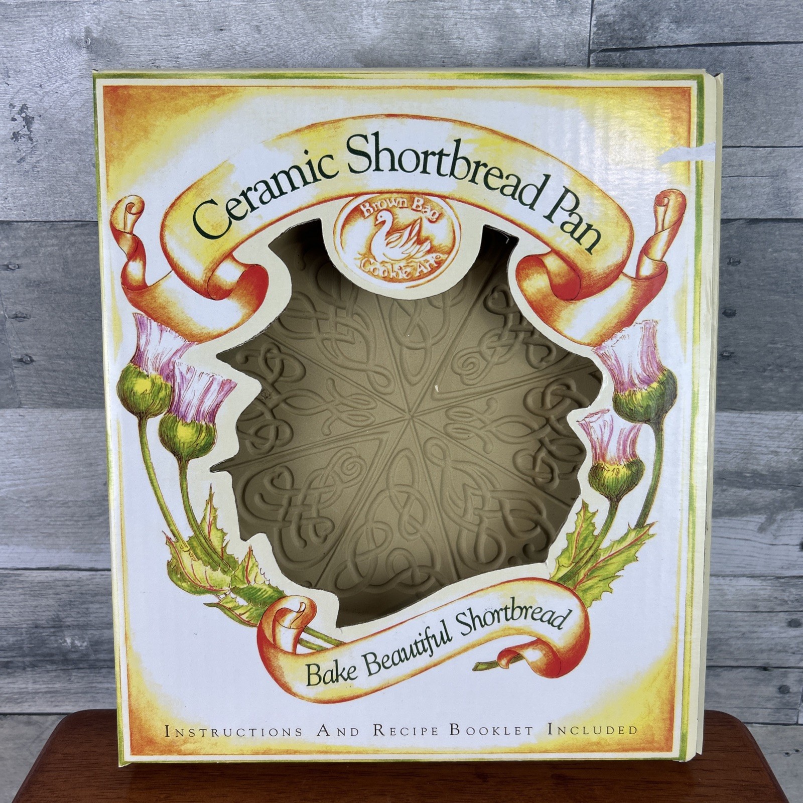 1988 Brown Bag Cookie Art Ceramic Stone Shortbread Pan Vintage Original Box