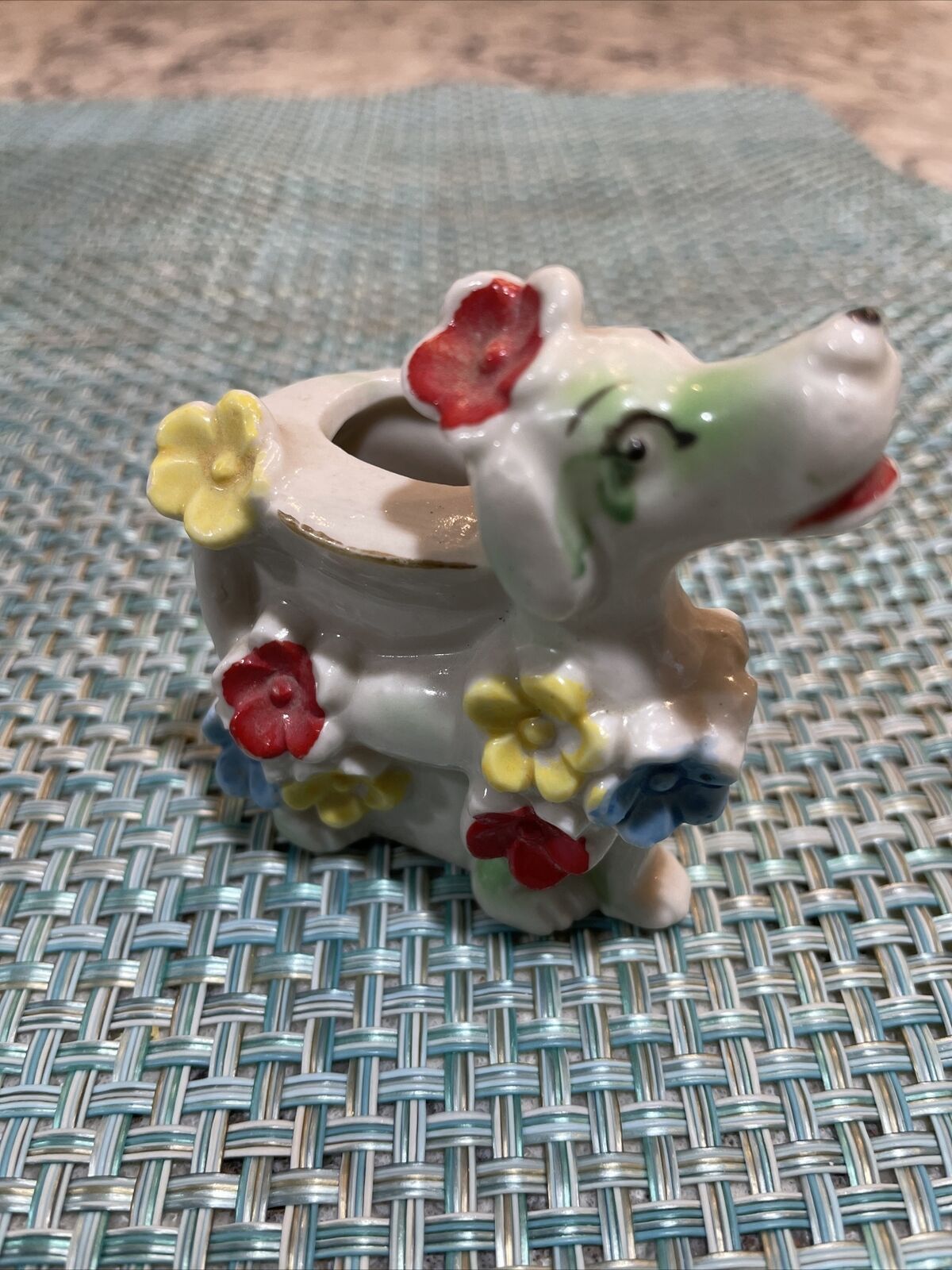 Vintage Japan porcelain handpainted Poodle Dog with flowers toothpick holder