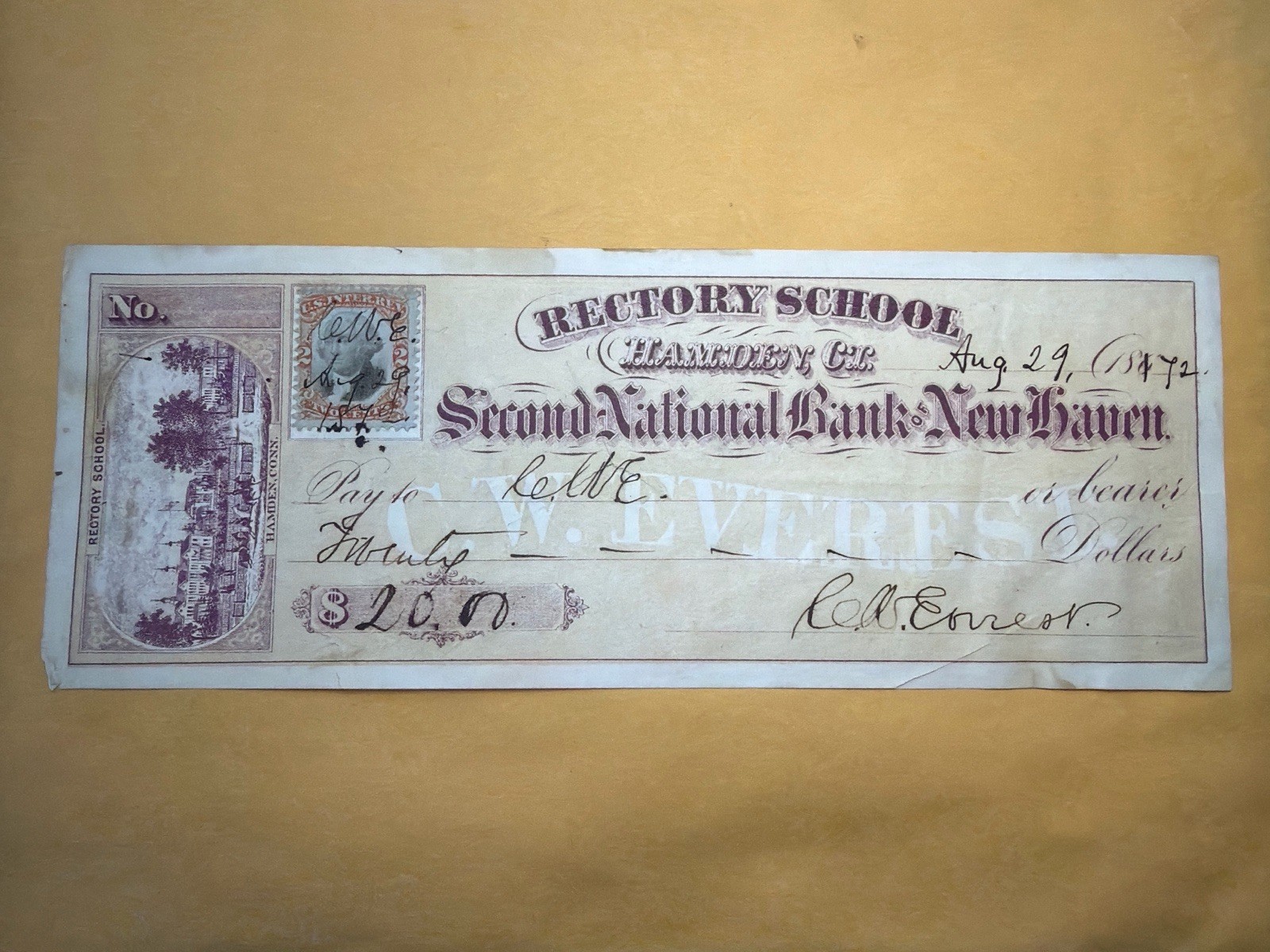 Rectory School Hamden New Haven CT 1872 Bank Check 8.25” x 3”