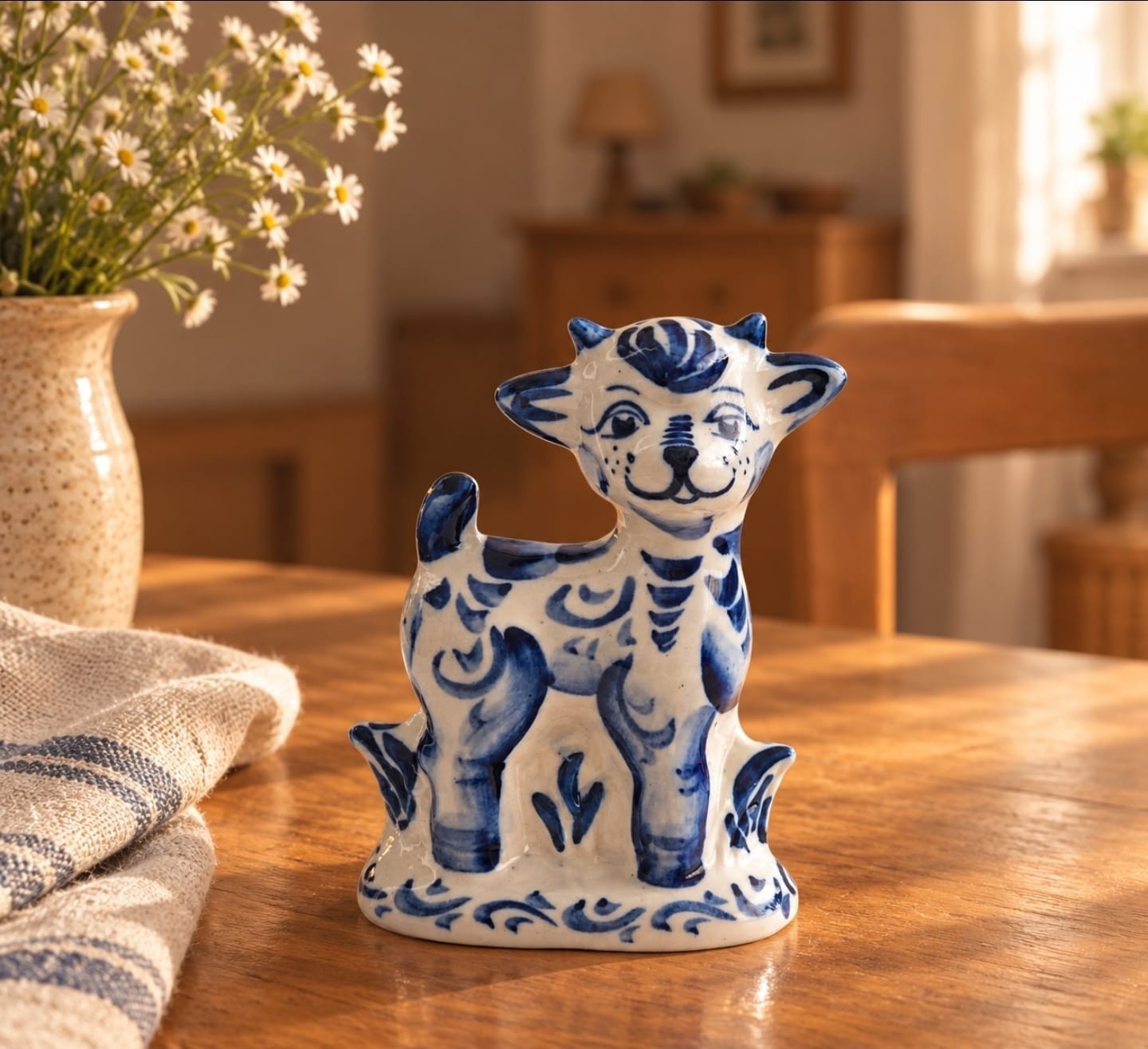 Handmade Gzhel Porcelain Standing Goat Figurine Blue White Zodiac 4.75