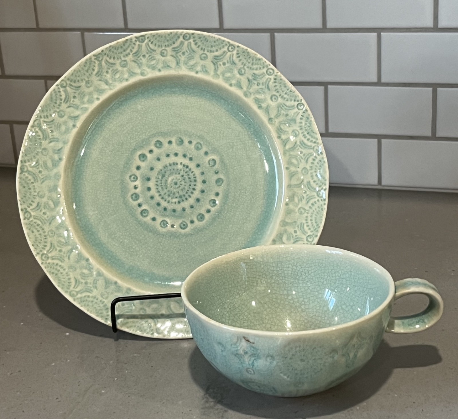 Anthropologie Old Havana Cappuccino Mug Cup & Salad Plate Portugal Crackle Glaze