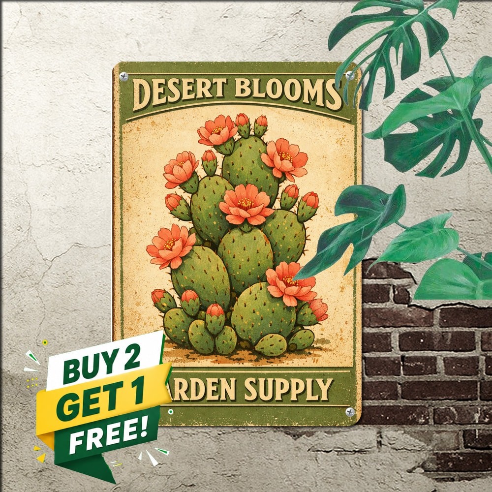 Vintage Cactus Garden Metal Sign Retro Succulent Plant Wall Decor Plaque 8x12