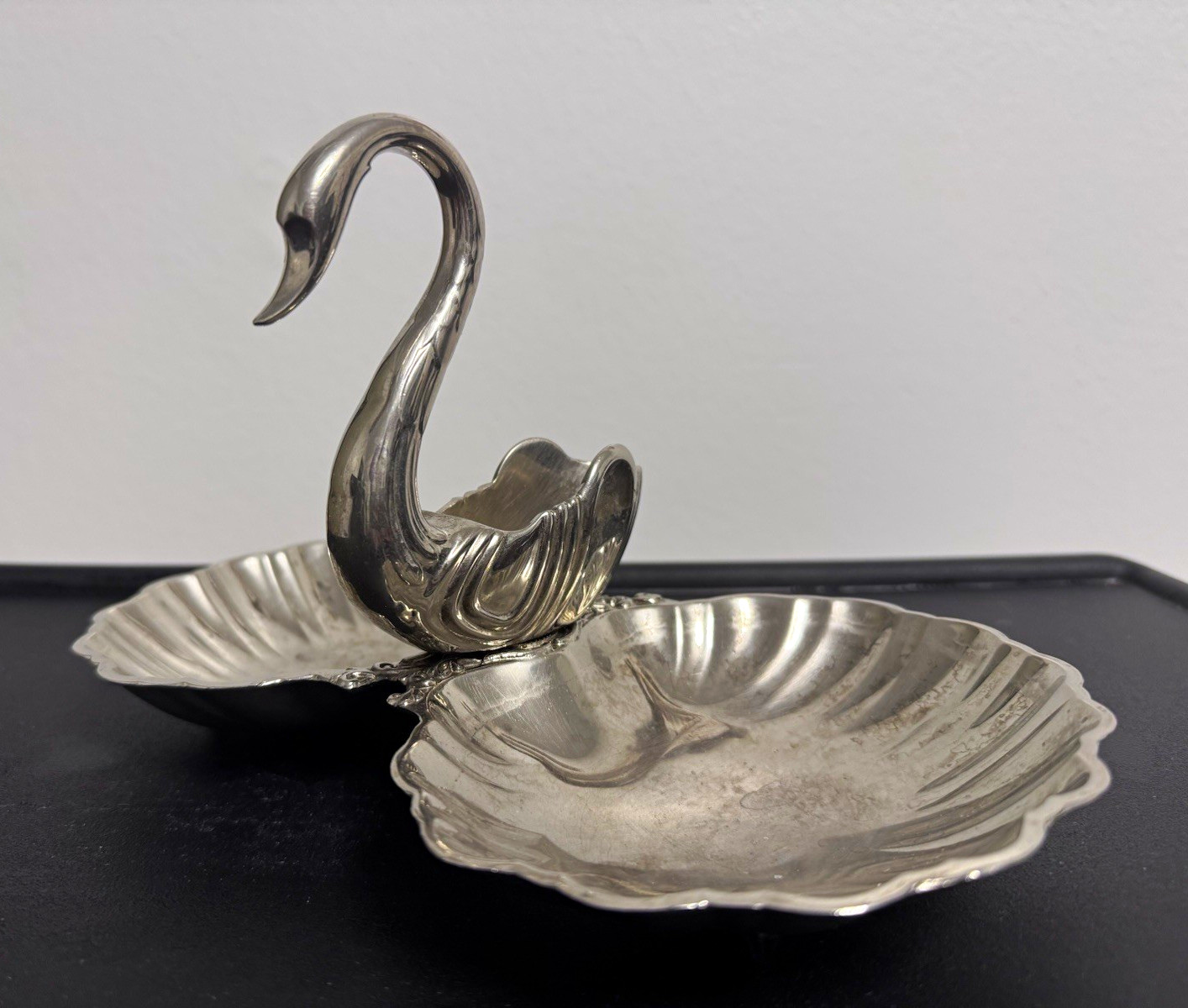 Vintage Silver Plated Swan Condiment Double Dish
