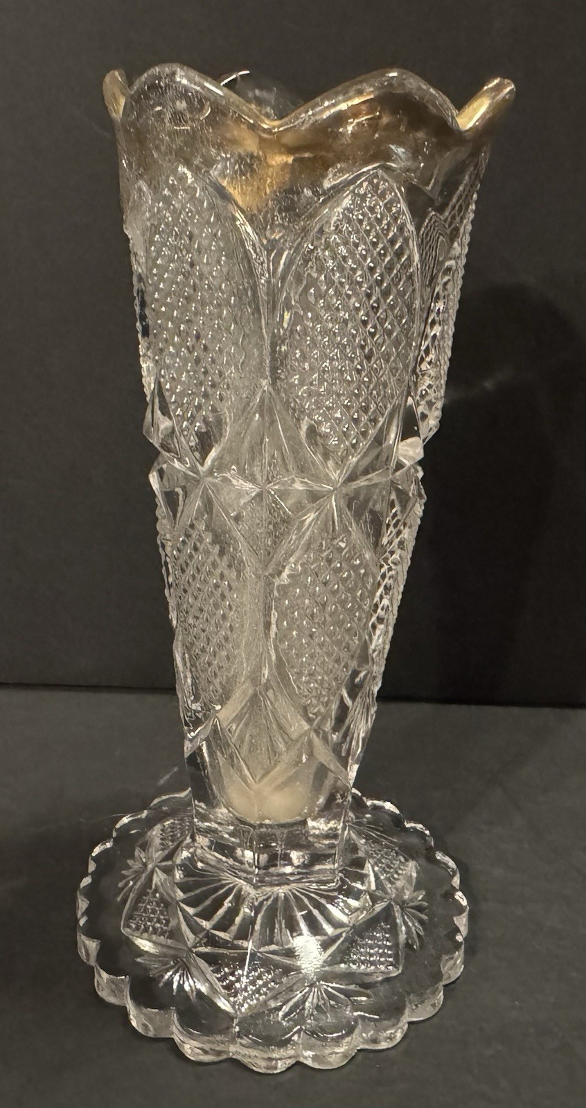 Antique Bud Vase Pressed Glass EAPG Diamond Point Gold Rim by US Glass Co.~ Gift