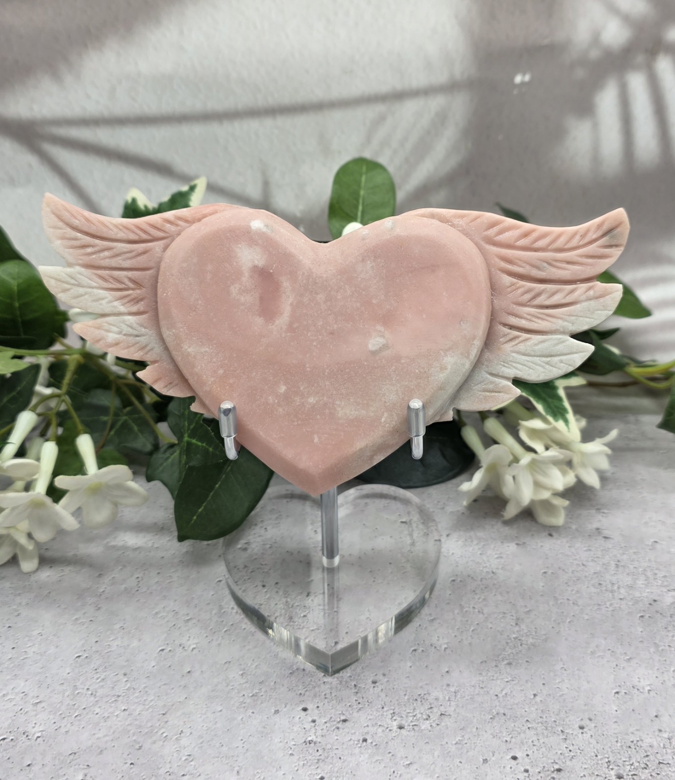 Pink Opal Winged Heart Angel Wings Hand Carved Crystal w Display Stand 7\