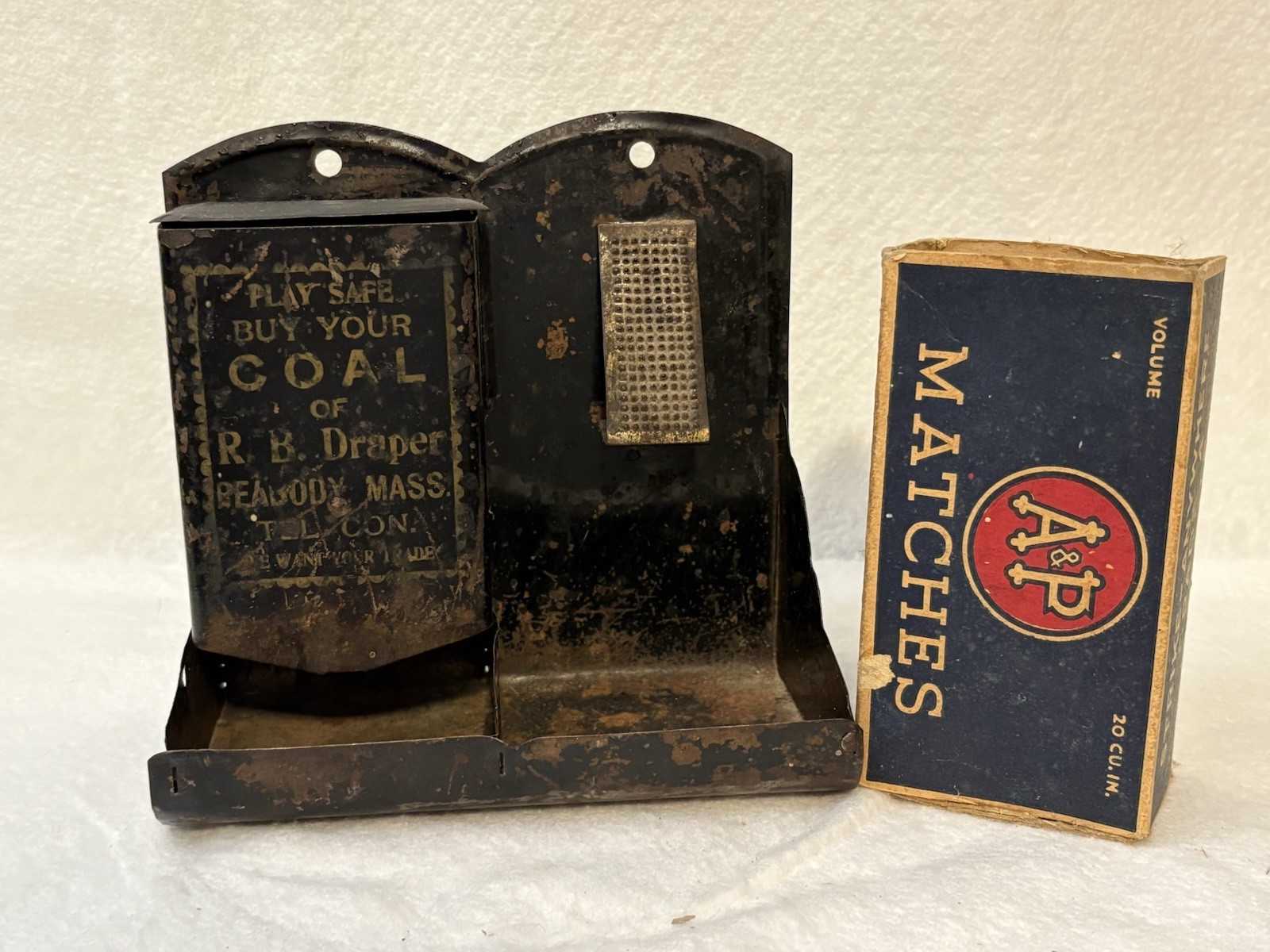 Antique 1900s Tin Wall Match Holder R B Draper Coal Peabody Mass Advertising
