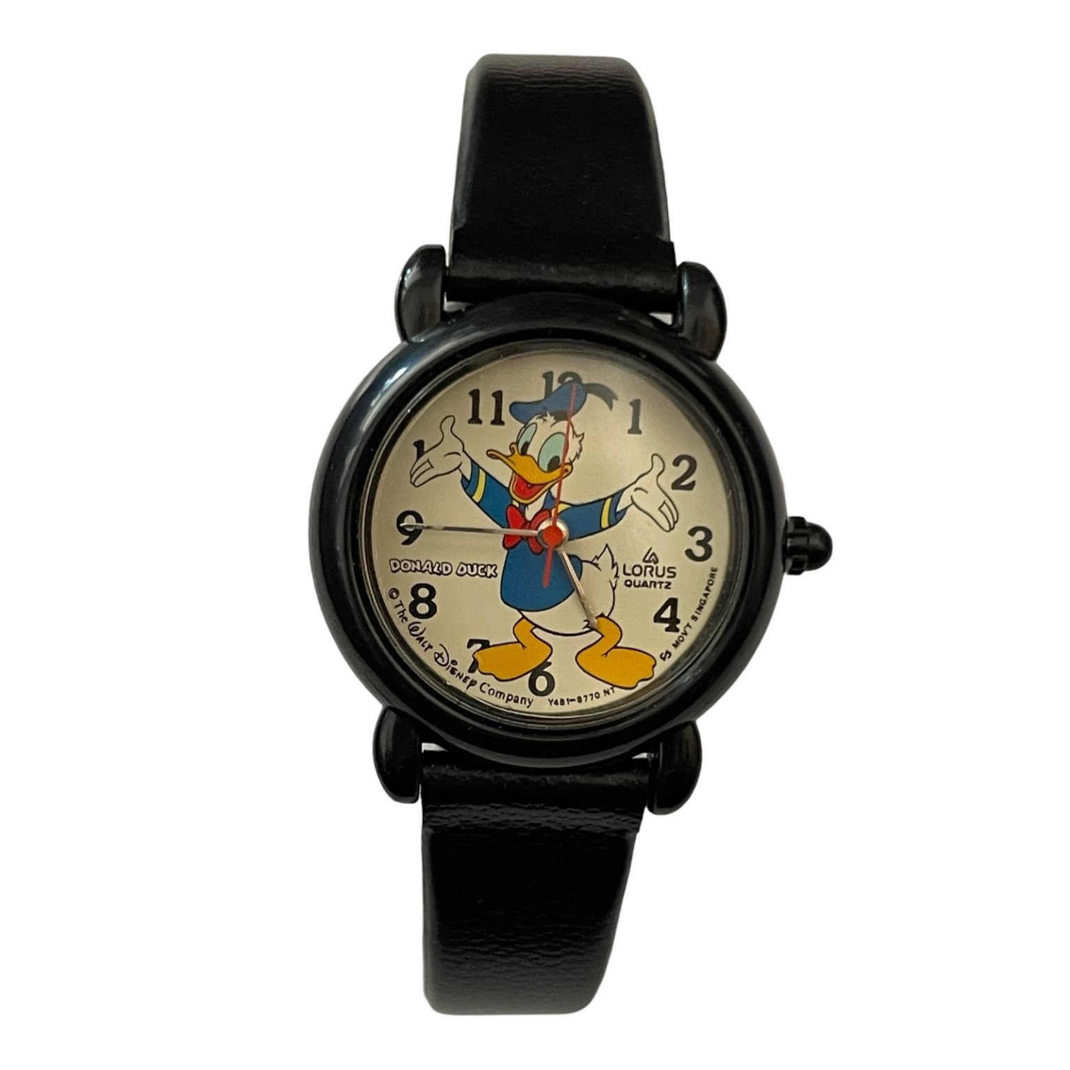 Vintage Lorus Quartz Donald Duck Watch Disney Black Leather Strap Y481-8770 NY