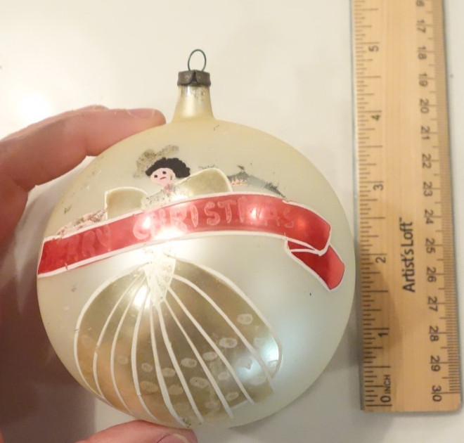 VINTAGE JUMBO BLOWN GLASS MERRY CHRISTMAS ORNAMENT POLAND DANCING GIRL w/ BANNER