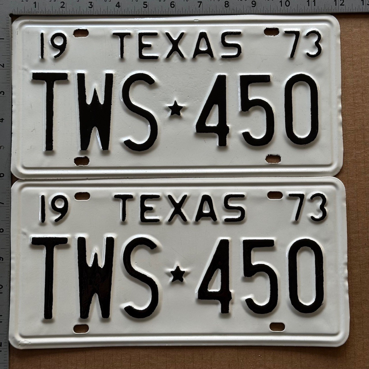 1973 Texas license plate pair TWS-450 YOM DMV Ford Chevy Dodge 23238 1973 Texas license plate pair TWS-450 YOM DMV Ford Chevy Dodge 23238