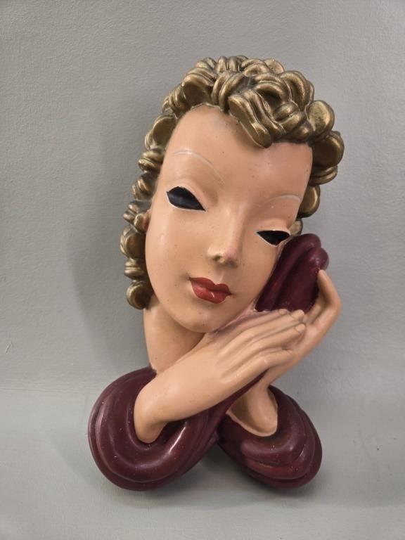 Vintage Art Deco Chalkware Lady Wall Mask Plaque Alexander Backer Style