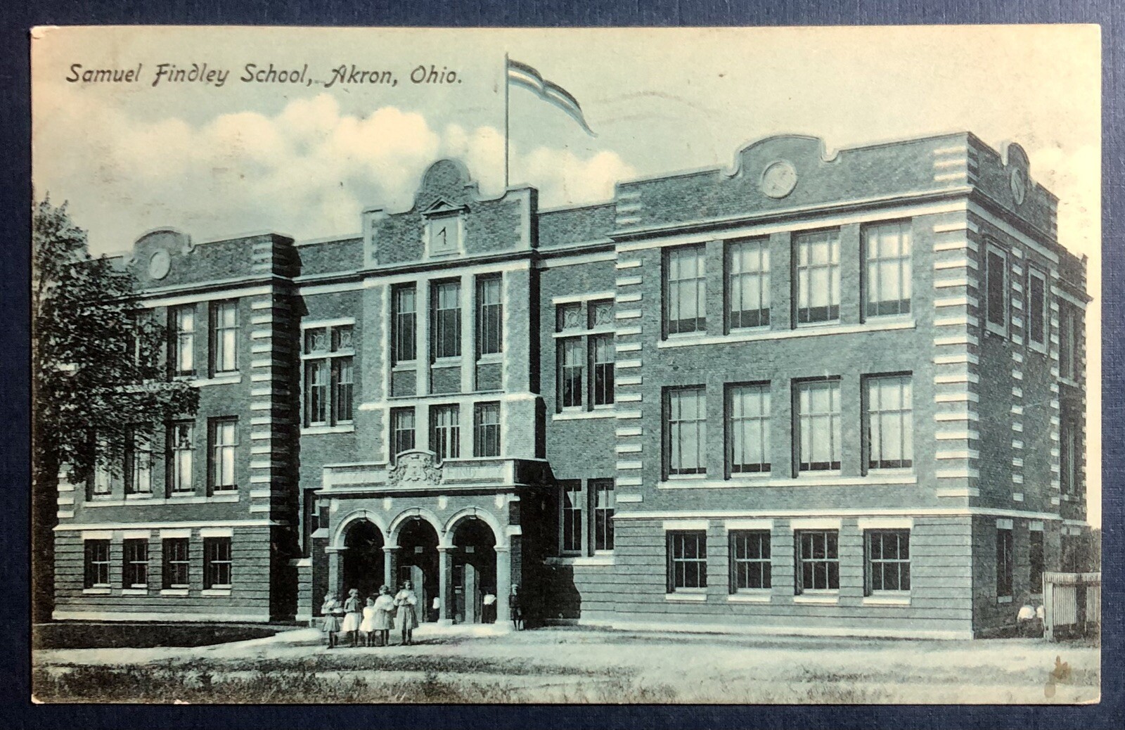 Postcard Samuel Findley School Akron Ohio c1908 Blue Tint Made in Germany
