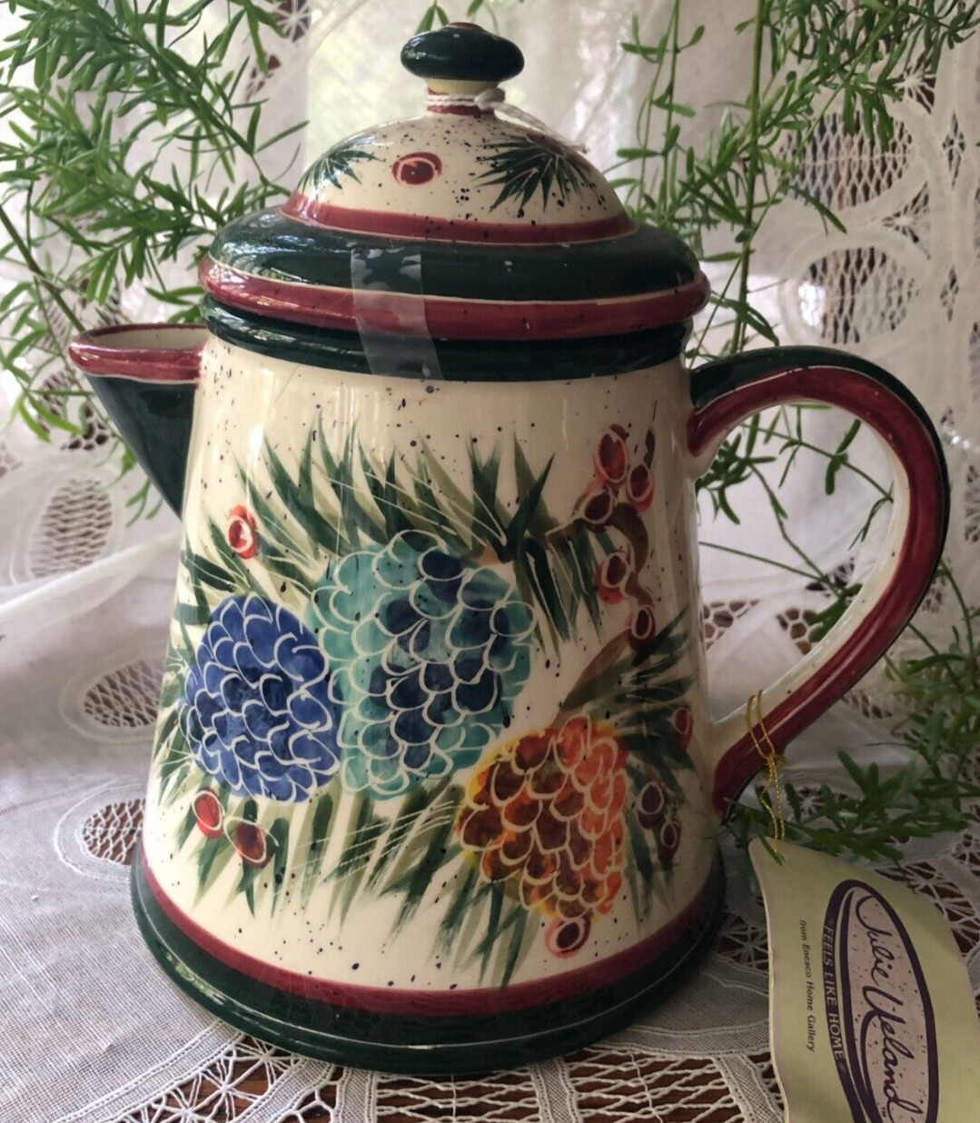 ENESCO - JULIE UELAND - CERAMIC COFFEE / TEA POT - PINECONES