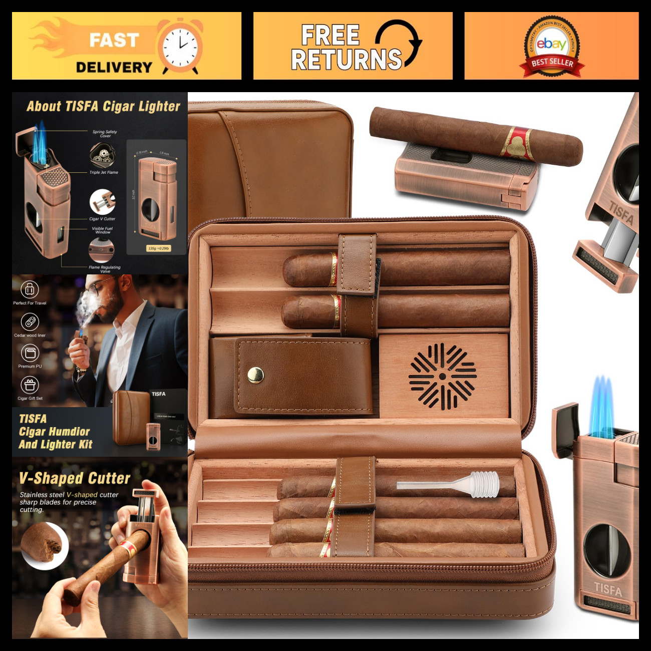Portable Leather Cedar Wood Cigar Humidor Case with Lighter & Cutter - 3 in 1