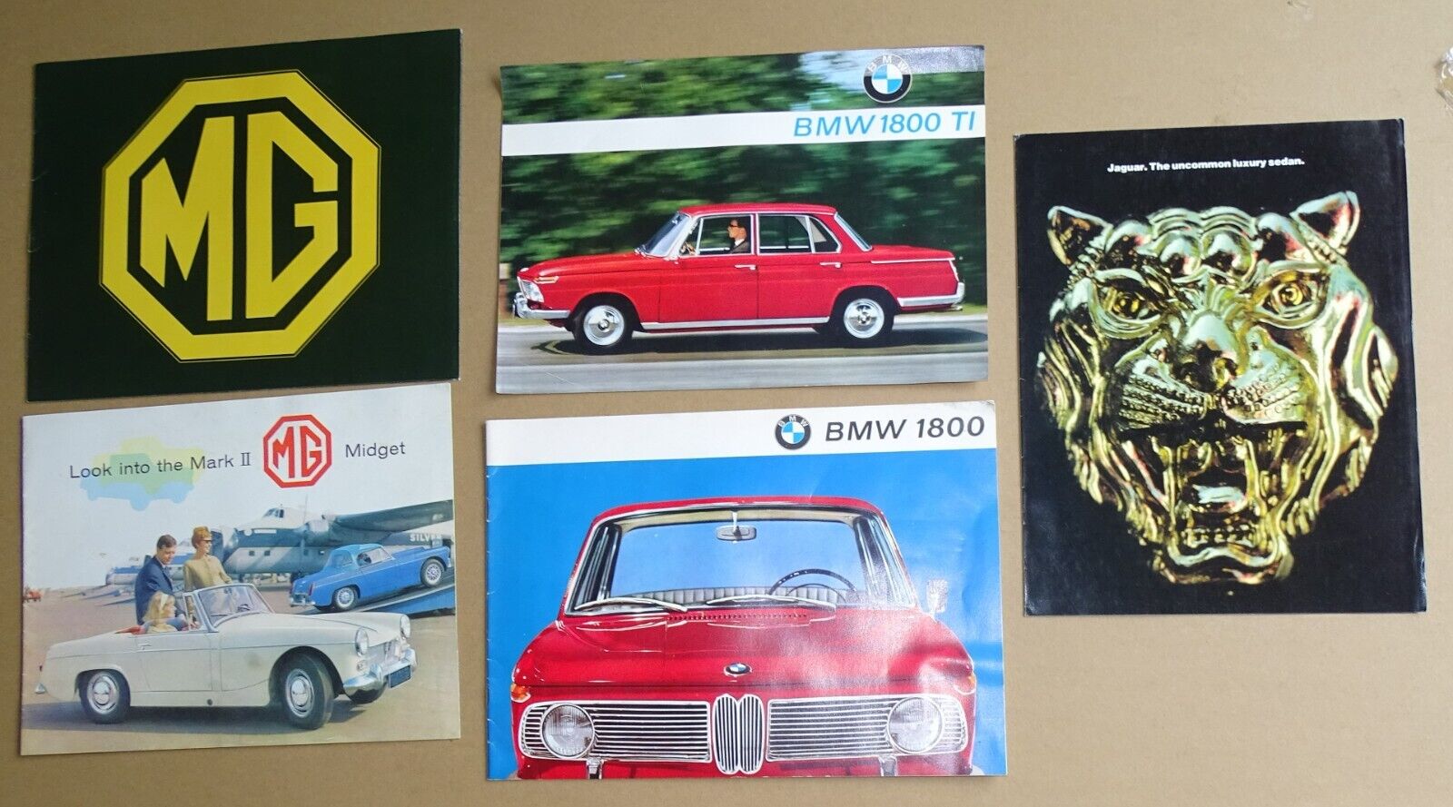 5 vintage Car brochures/spec sheets - 1965 & 1979 MG, 1965 BMW & 1976 Jaguar