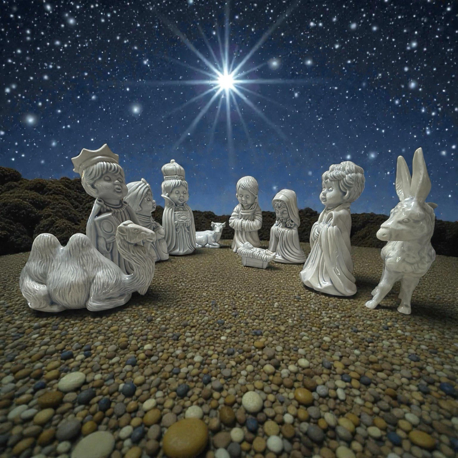 Arnels Pottery Vintage Nativity Blue Christmas - Set of 11 - Handmade 1975
