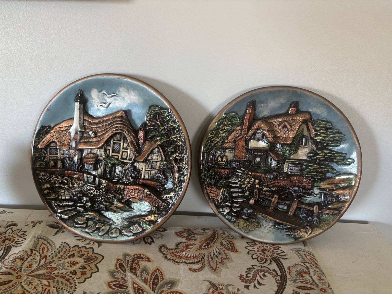 2 Vintage 3D Chalkware Wall Plaque with Cottage Life Scene 11” by 11” 2 Vintage 3D Chalkware Wall Plaque with Cottage Life Scene 11” by 11”