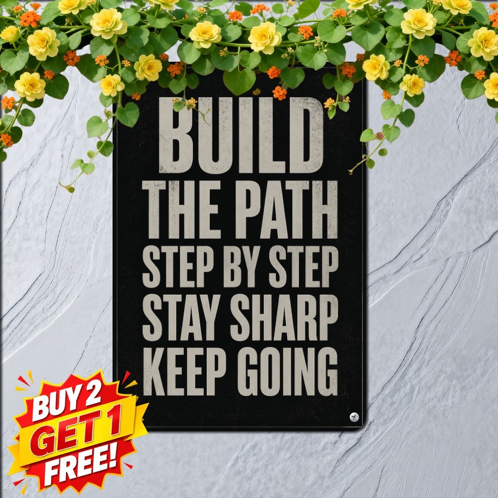 Stacked All Caps Typographic Poster Powerful Workspace Metal Tin Sign 8x12