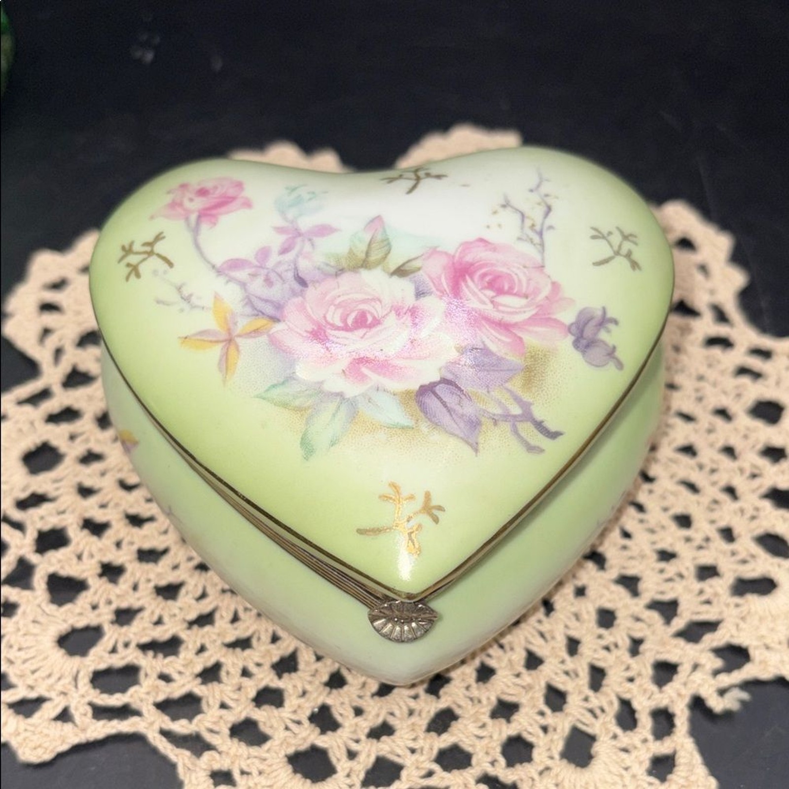 Vintage Lefton Rose Heart Trinket Box