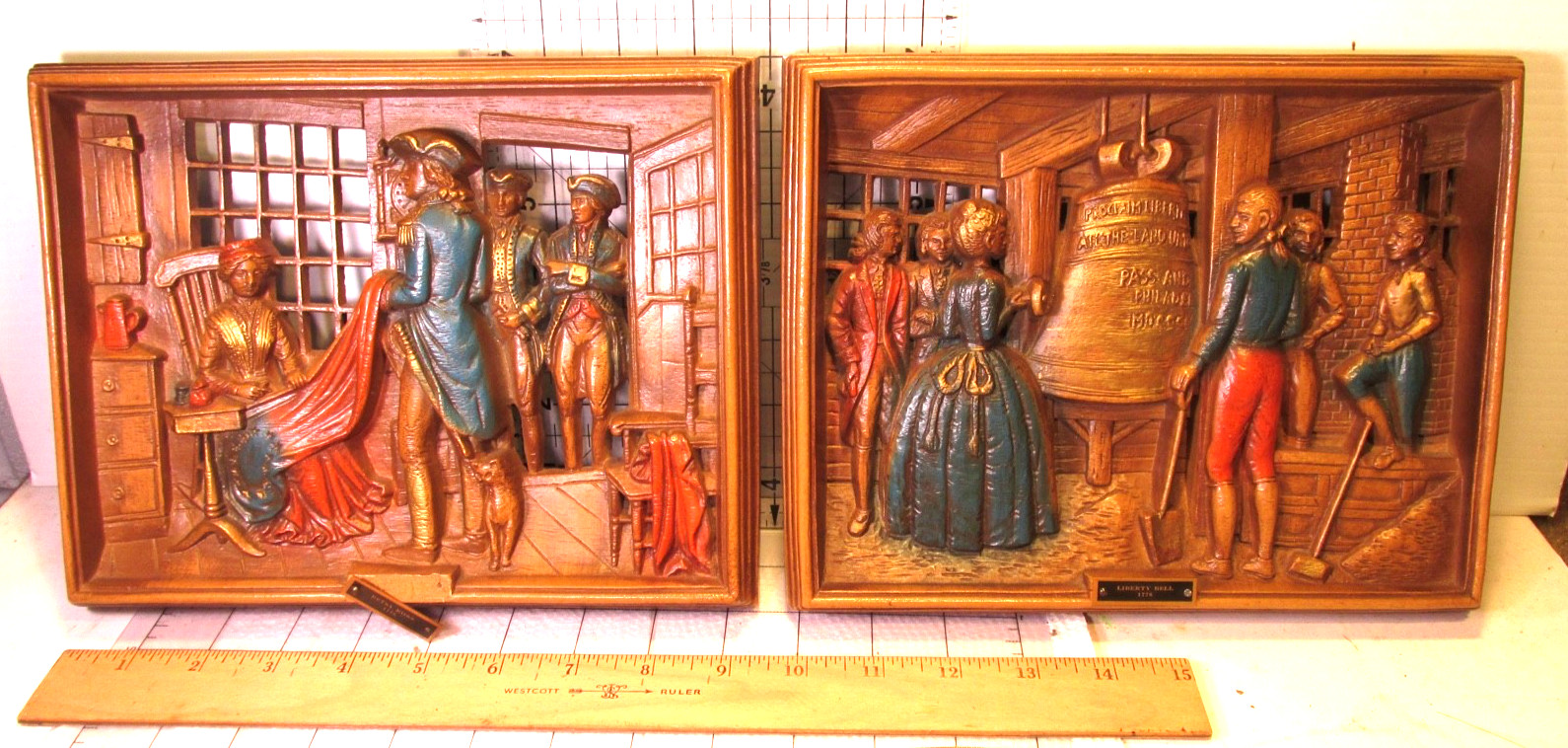 2 Vintage 1970s Burwood Wall Plaques Homco Era Betsy Ross Liberty Bell 1776 3D