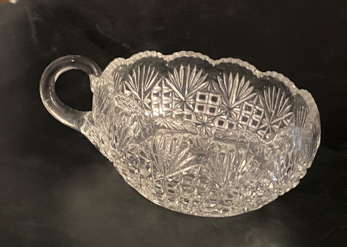 Vintage Heavy Cut Crystal Nappy Bowl Candy Relish Dish w/ Handle Sawtooth Rim