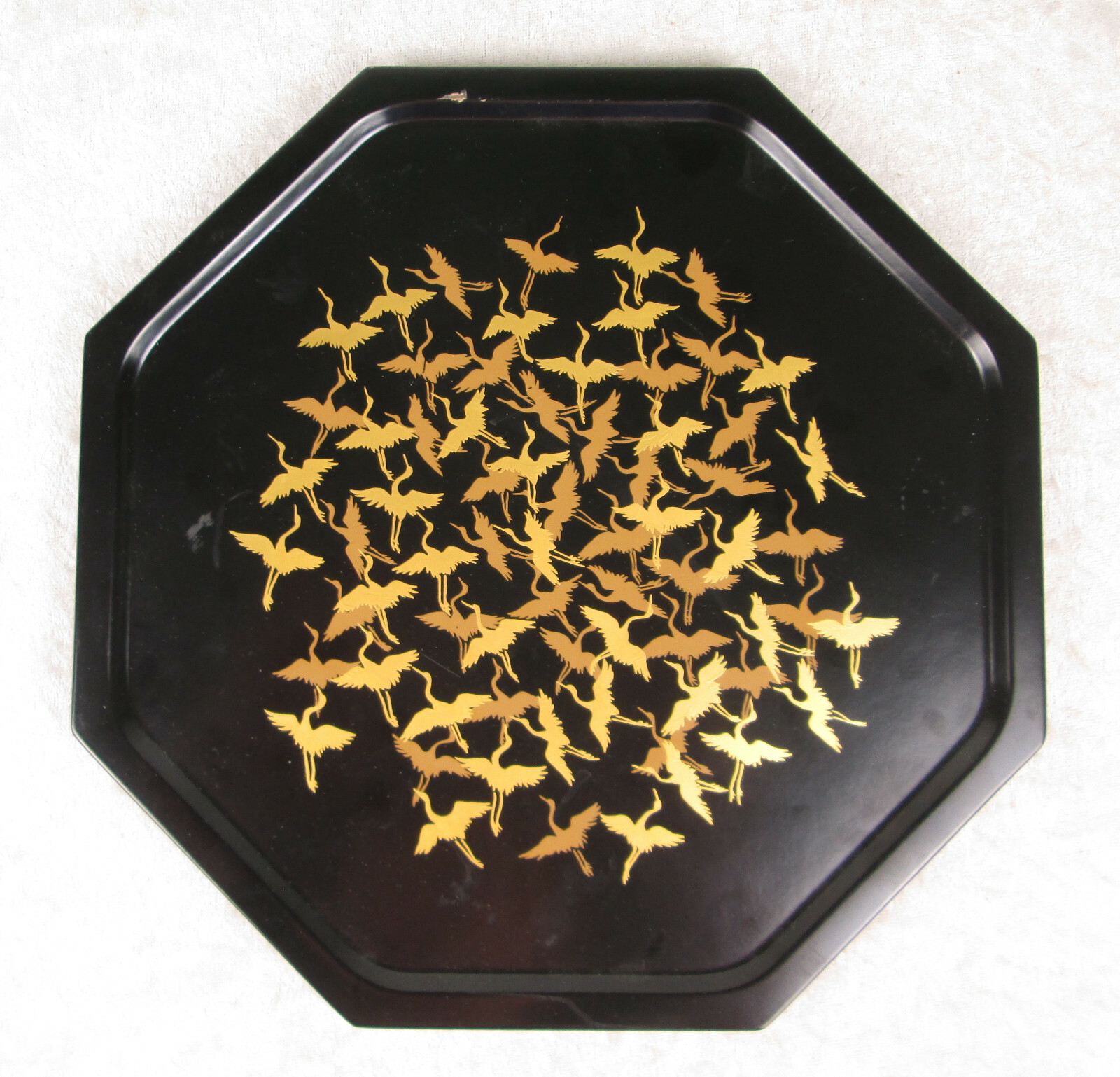 Zohiko of Kyoto Lacquered Tray Octagonal Gilt Copper Cranes 10-1/2 inch Tall
