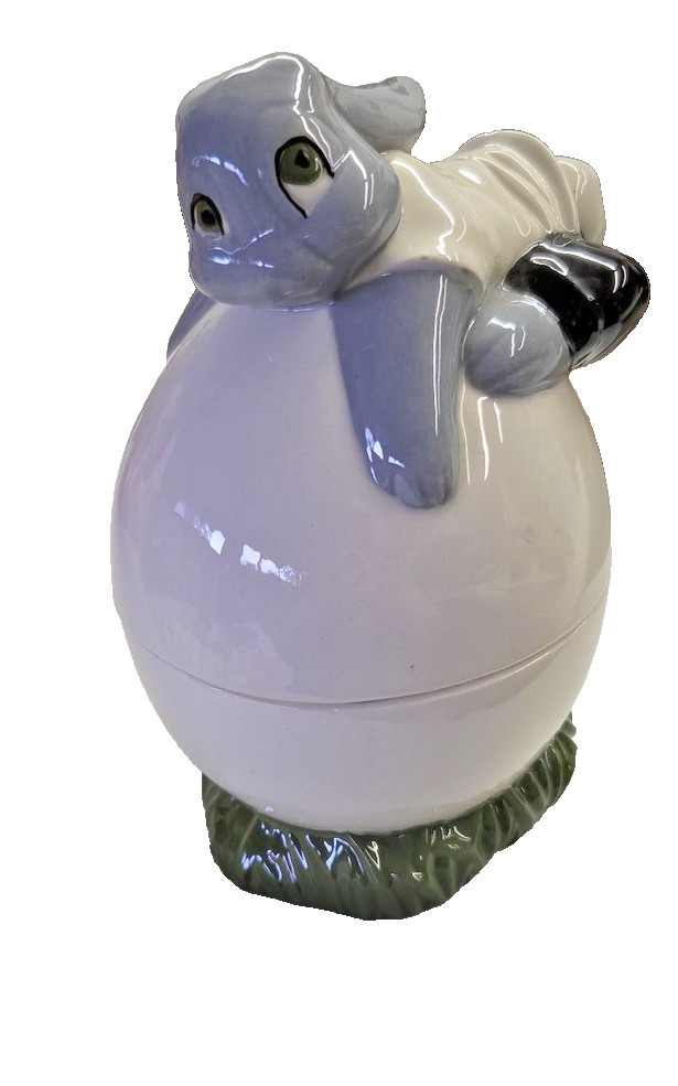Vintage Ceramic Bunny on Egg Trinket Box Jar