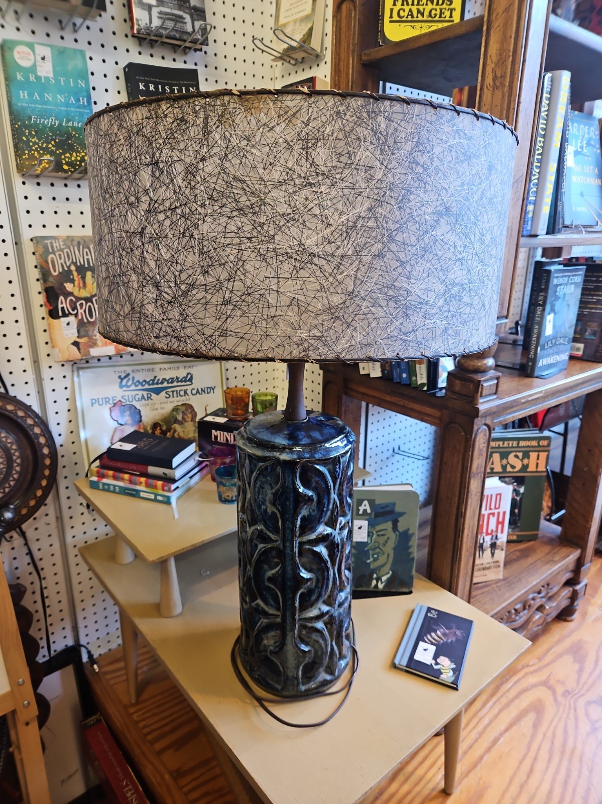 Vtg 50s/60s Blue Pottery Table  Lamp w/ Drum Shade Midcentury Modern