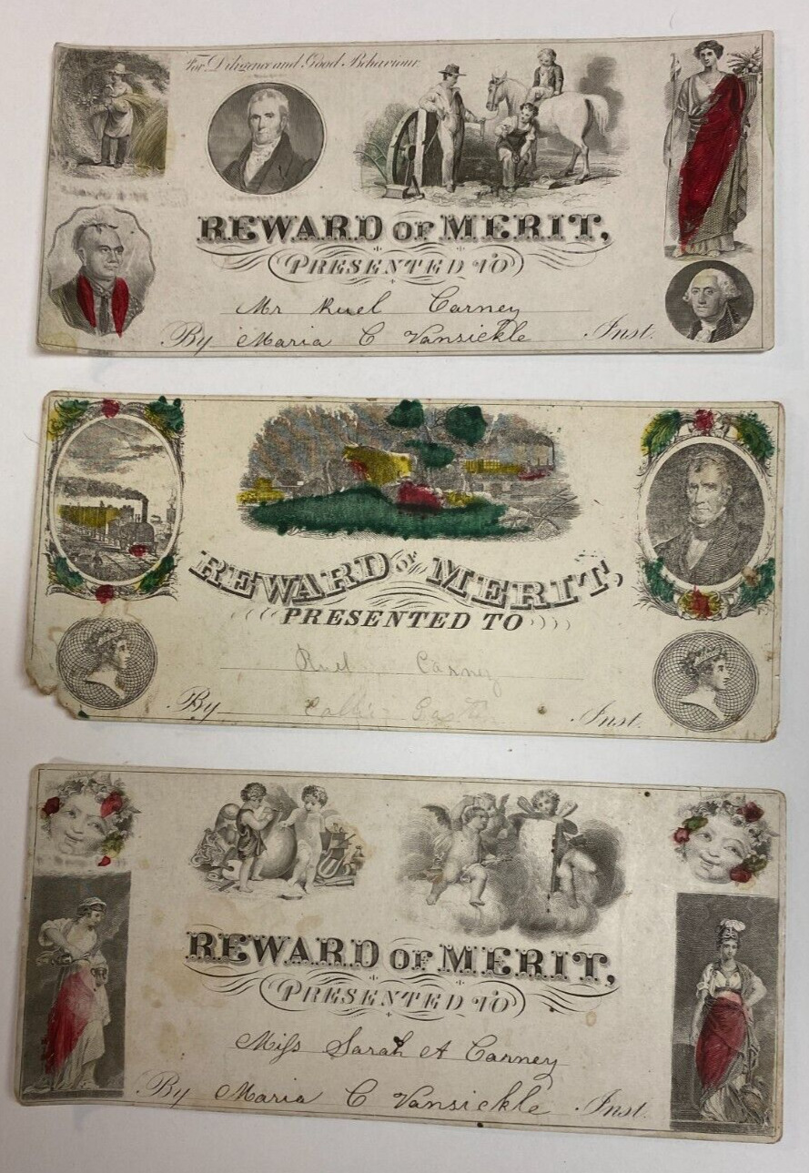 3 VINTAGE REWARD OF MERITS HAND COLORED ENGRAVINGS Andrew Jackson Geo Washington