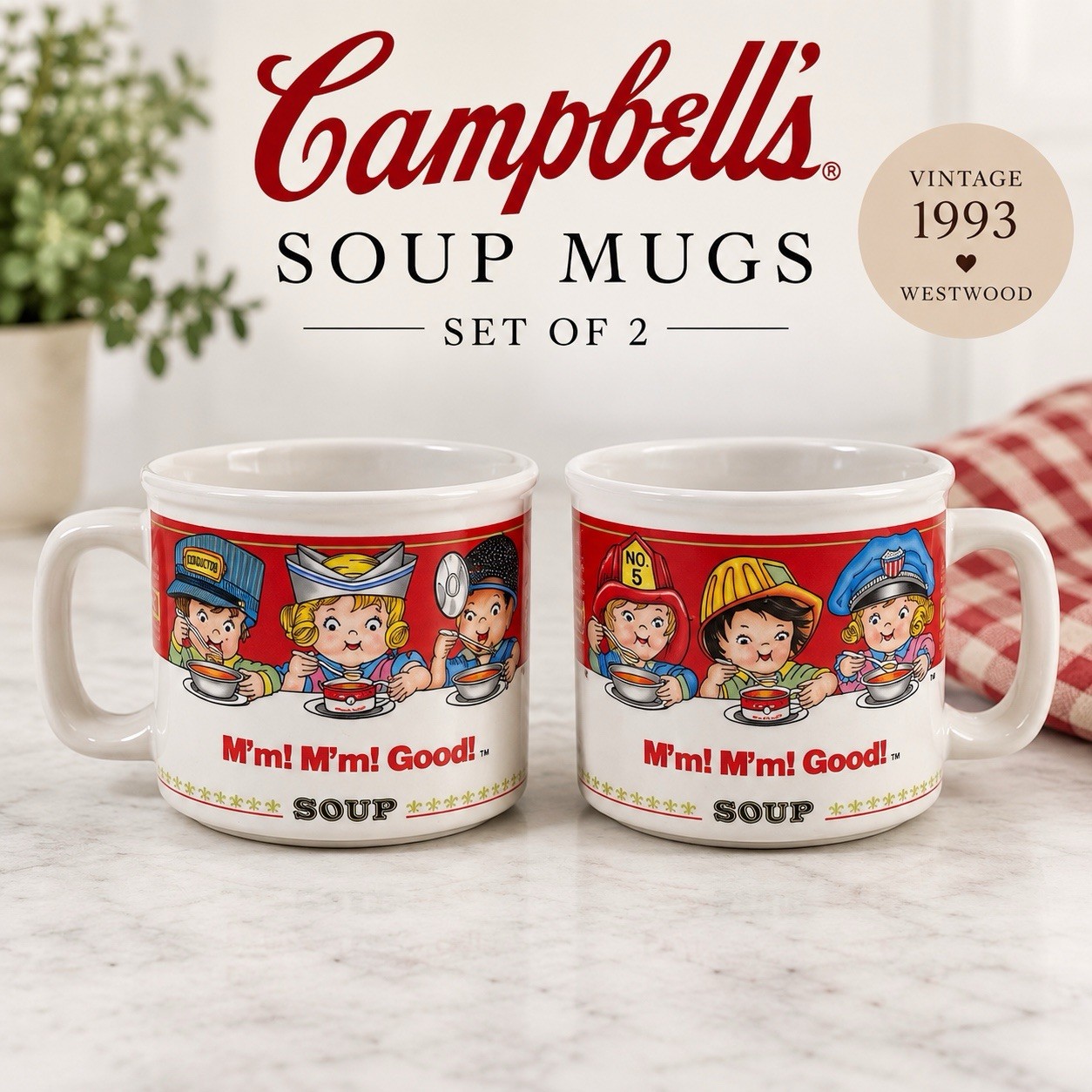 Vintage 1993 Campbell\'s Soup Mugs Set of 2 Westwood Kids Ceramic Cups