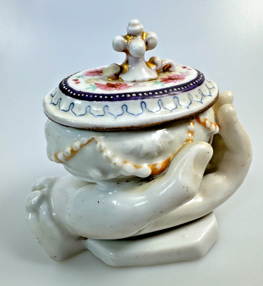 Antique Conta & Boehme Porcelain Fairing Box w/ Hand Holding Trinket Box