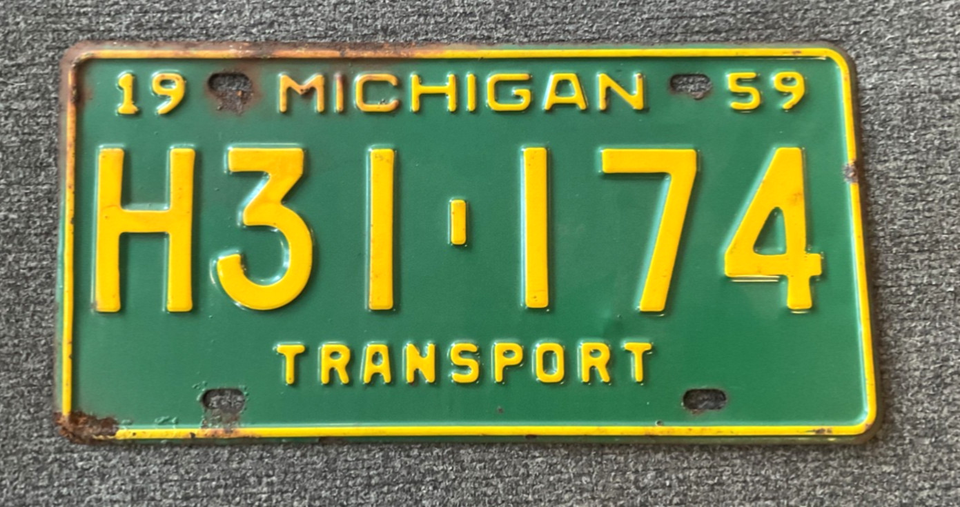 RARE 1959 MICHIGAN TRANSPORT LICENSE PLATE ALL ORIGINAL WITH WEAR TOUGH PLATE