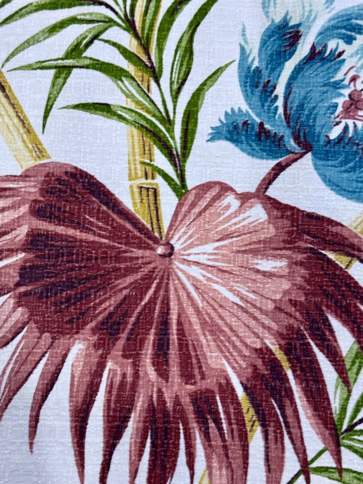 1940\'s Hawaiian Monstera Leaf Turquoise Tropical Bamboo Barkcloth Vintage Fabric