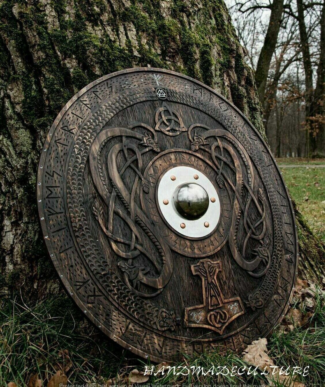 Norse Runic Ornaments shield Battle War Wooden Shield Hand Carved Viking shield