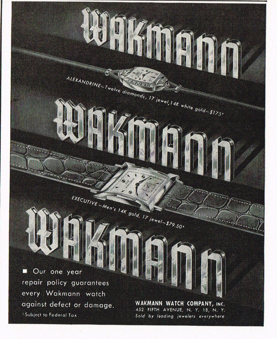 1940s Original Vintage Wakmann Watch Co New York Mid Century Advertising