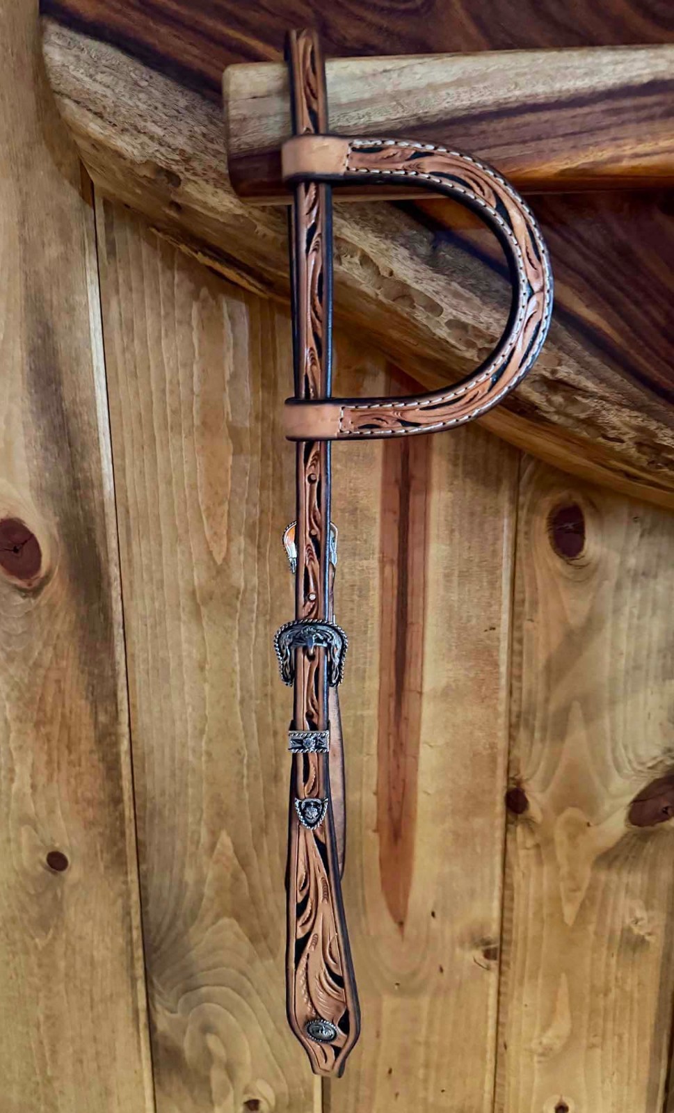 PRETTY Carved  SLIDING EAR & German Silver HEADSTALL By Steve Guitron Of CA