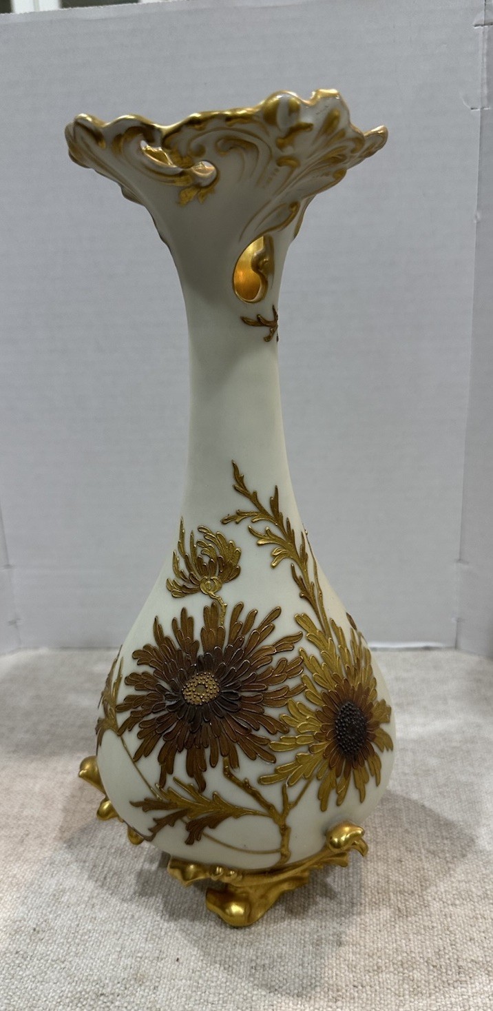 Antique Pairpoint Limoges Porcelain Vase 10.75” Art Nouveau Heavy Gilt Mums 1890