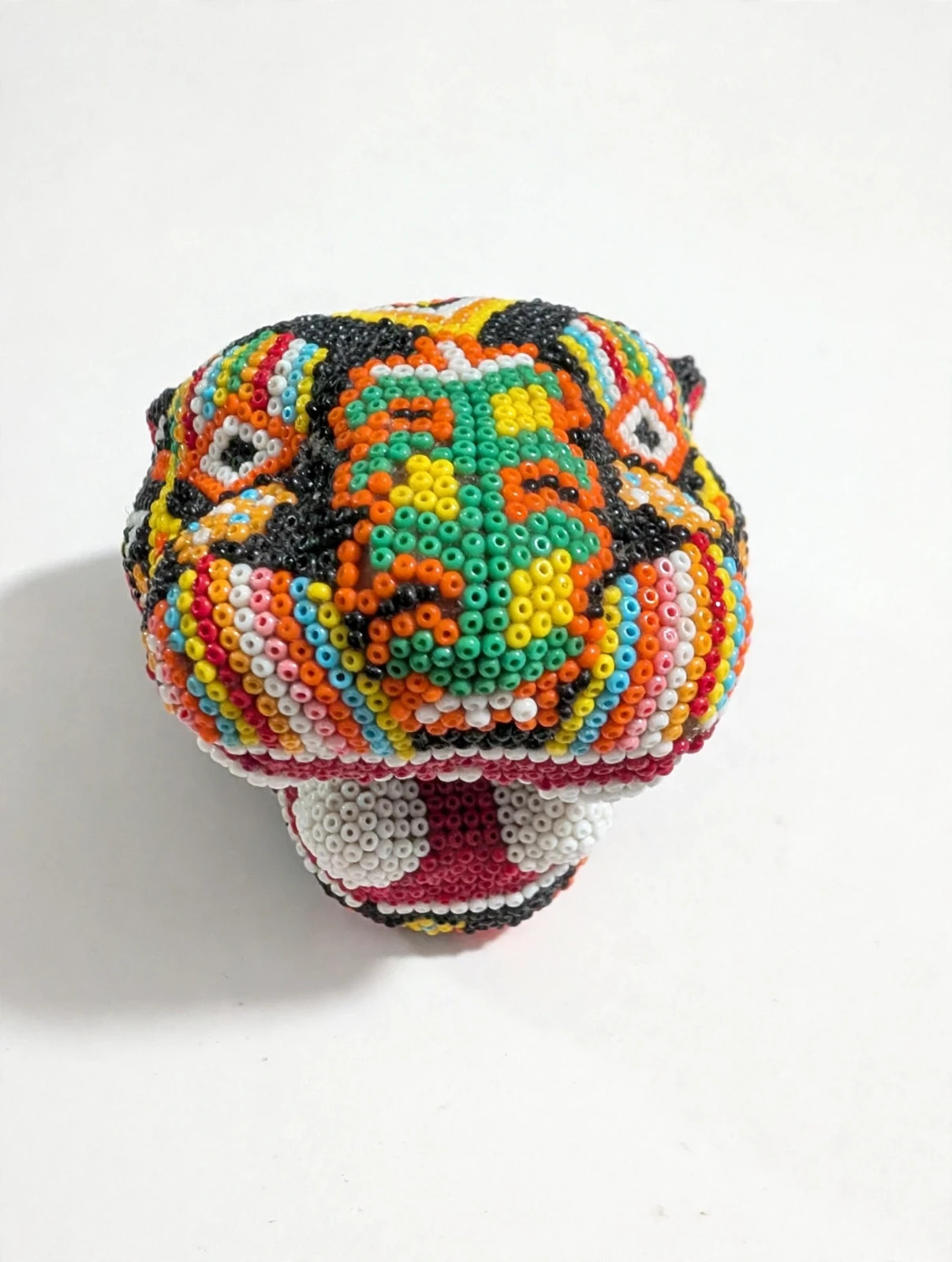 Huichol Beaded Jaguar Head Wixarika Mexican Folk Art Chaquira Sculpture